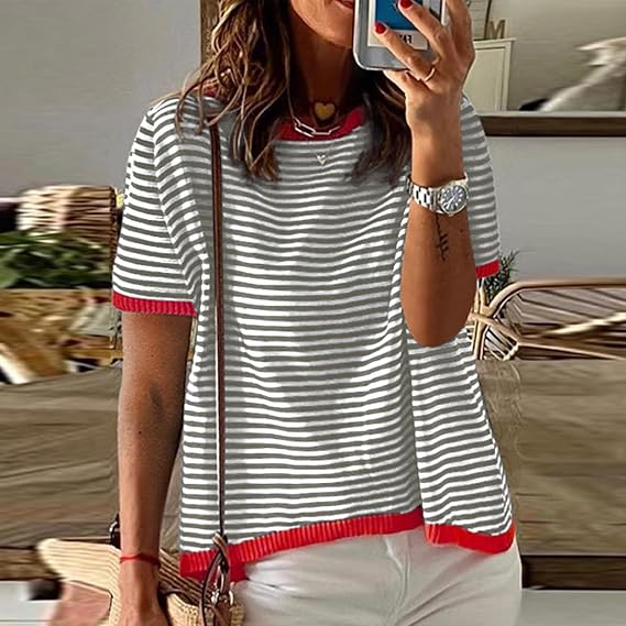 Summer Tops for Women Casual Crewneck Short Sleeve Shirts Striped Color Block Knitted T Shirt Trendy Going Out Tops
