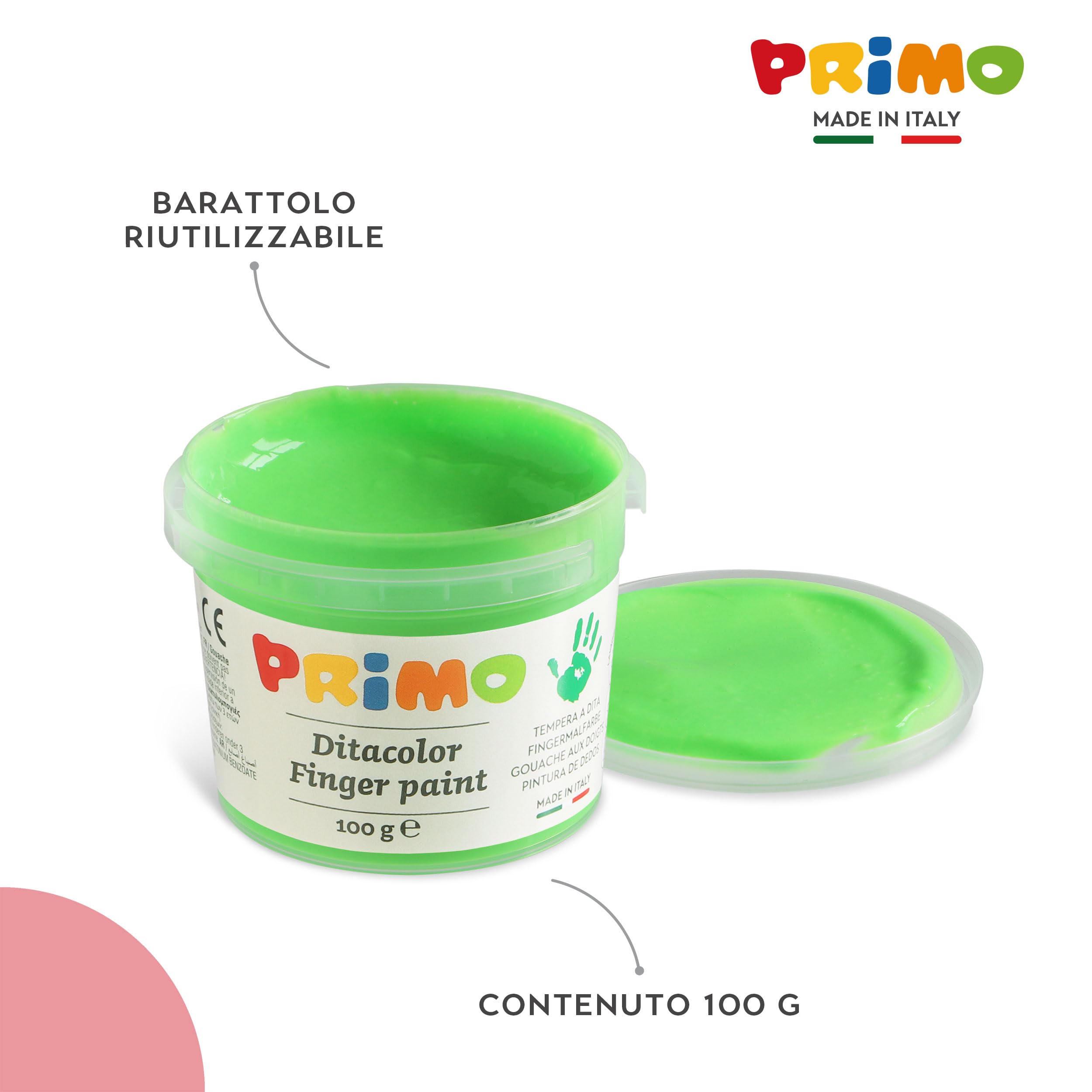 PRIMO - Valigetta Colori per Bambini +2 Anni Prima Infanzia, Tempere per Dipingere a Dita 100g 6 Colori Fluo per Carta Vetro, Tempera Pittura Cartoleria e Lavoretti Creativi Dermatologicamente Testata