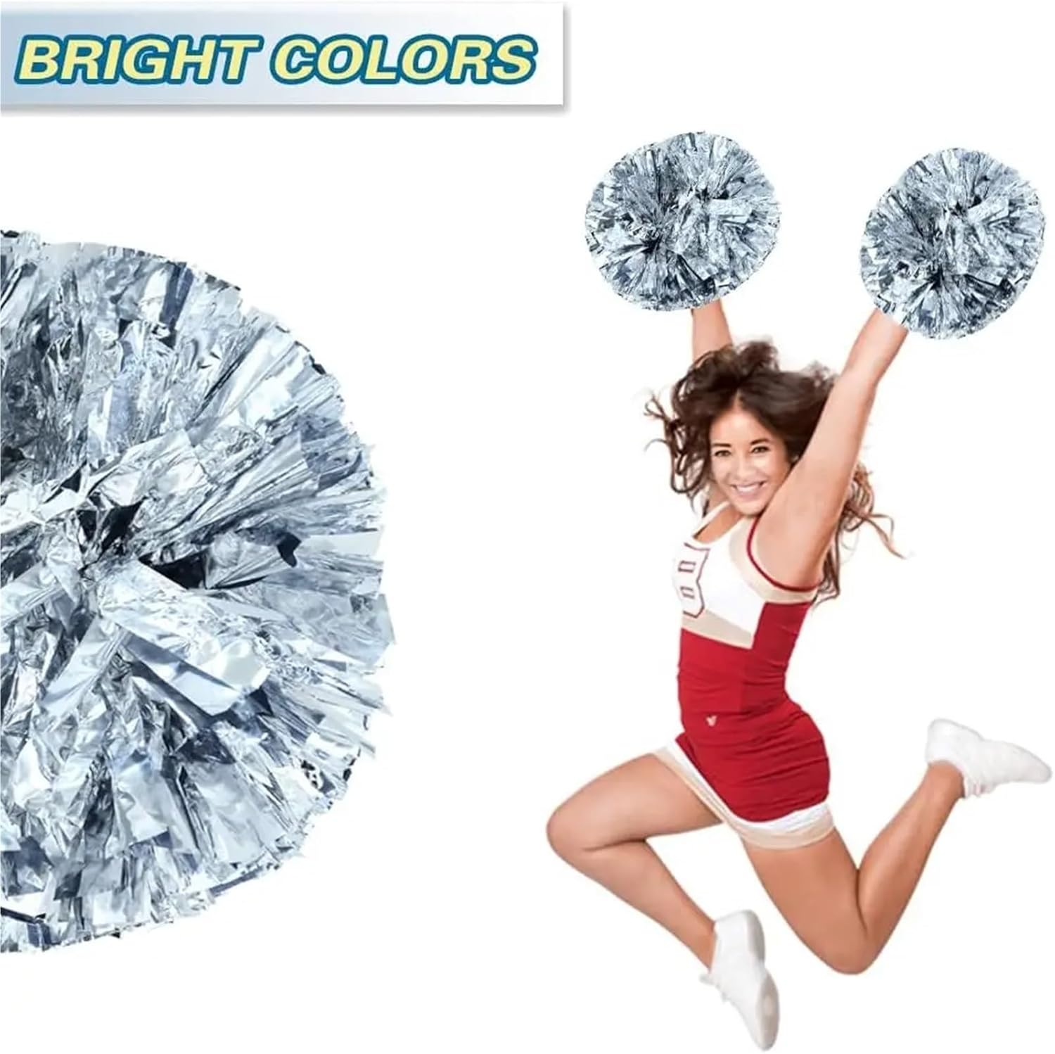 Cheerleading Pom Poms Metal Handle Cheerleading Flower Ball (6 pcs) Children's Adult Universal Sports Party Cheering Prop 35cm Silver