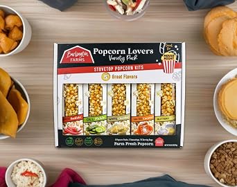 Burlington Farms Popcorn Movie Night Supplies 20 pcs Gift Set, 5 Gourmet Popcorn Kernels, 5 Seasoning Variety Packs Non-GMO Snacks, Great Housewarming Family Date Night Gifts Basket Ideas For Him Her
