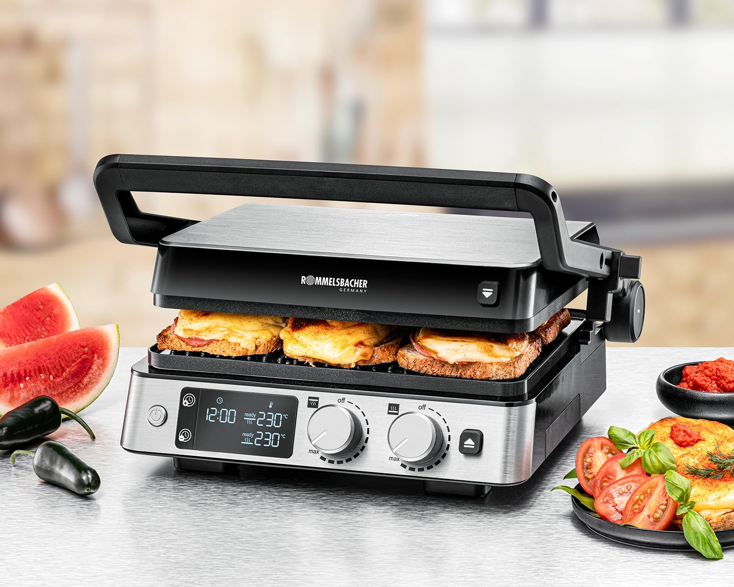 ROMMELSBACHER Kontaktgrill KG 2025, Kontakt- und Flächengrill, getrennt regelbare Grillflächen, keramische Antihaftbeschichtung (PFAS-frei), Temperaturregelung in 15 Stufen, Fettablauf, Wechselplatten