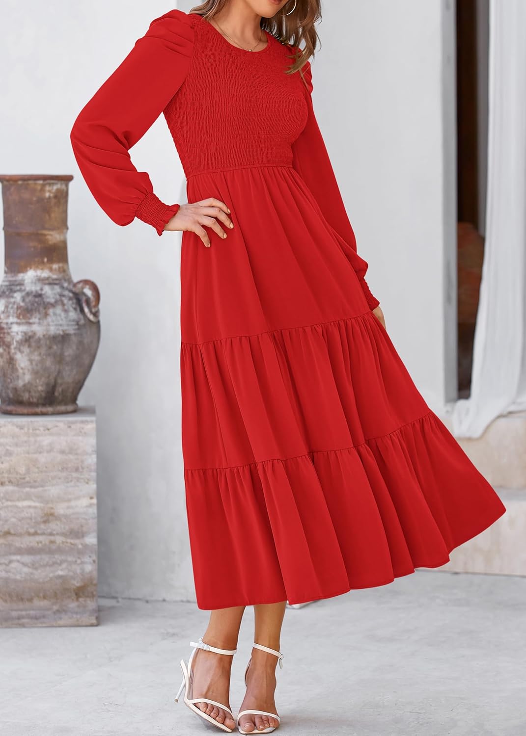 KIRUNDO Spring Dresses for Women 2026 Long Sleeve Maxi Wedding Guest Smocked Crew Neck Empire Waist A Line Flowy Long Dress - Image 5