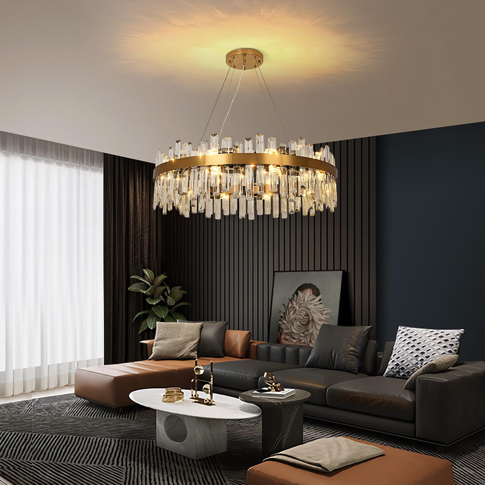 Lampadario moderno di cristallo a sospensione d'oro, lampada di cristallo a sospensione rotonda, 20xE14 lampada a sospensione per soggiorno, sala da pranzo, camera da letto, Φ80cm