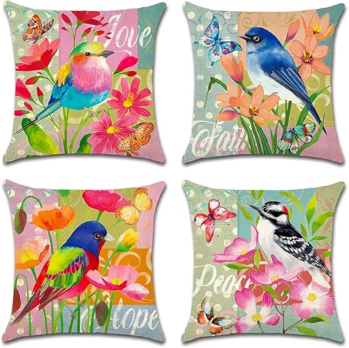 Artscope Juego de 4 fundas de almohada impermeables de 18 x 18 pulgadas, diseño de mariposas y pájaros, perfectas para exteriores, patio, jardín,