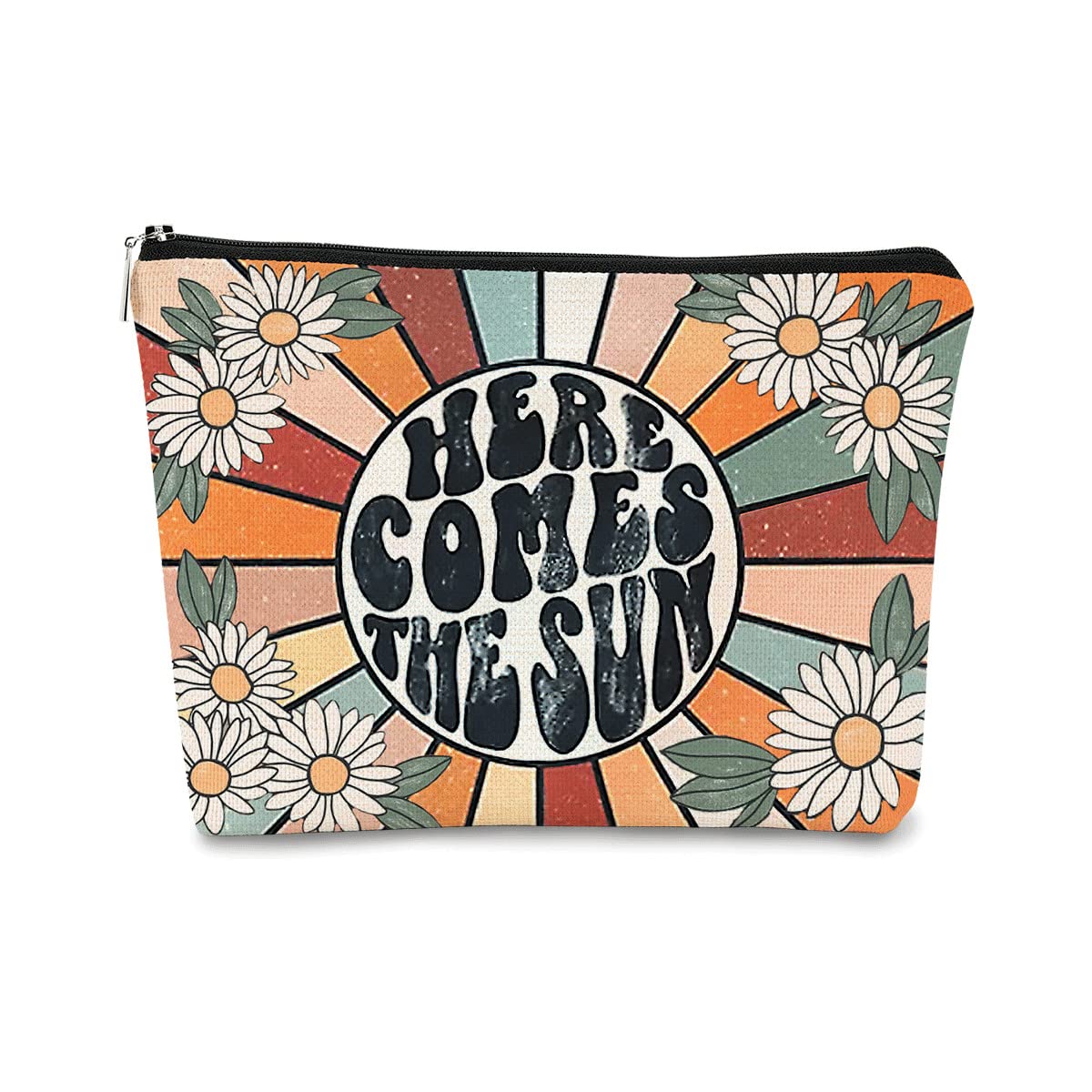 BARPERY Preppy Makeup Bags for Women,Trendy Retro Daisy Sunshine Makeup Bag Cute Floral Here Comes Summer Boho Inspirational Cosmetic Bag Gift for