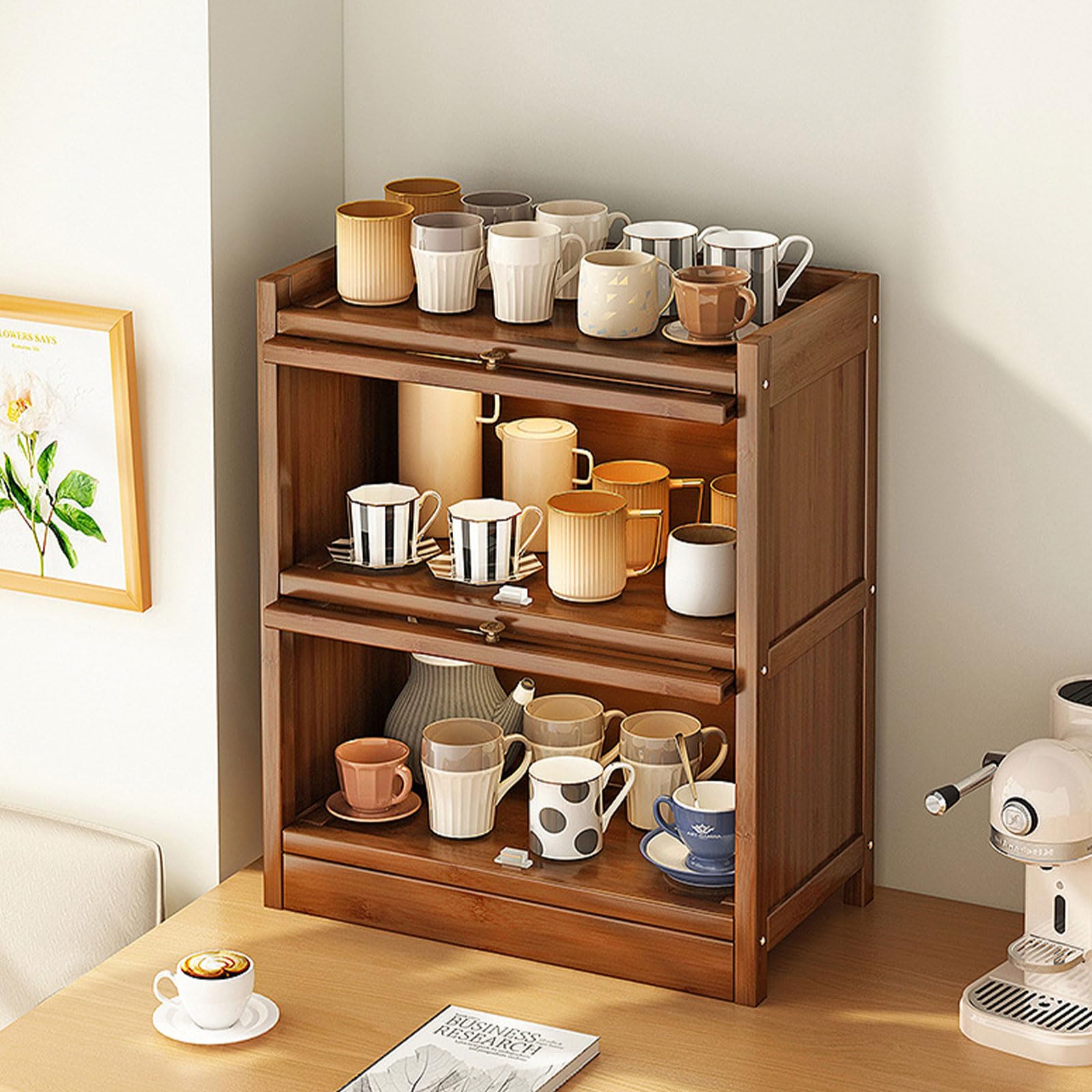 Armario de almacenamiento de gran capacidad para encimera de cocina con puerta de cristal, organizador de pan de madera para 2 capas, 80 cm