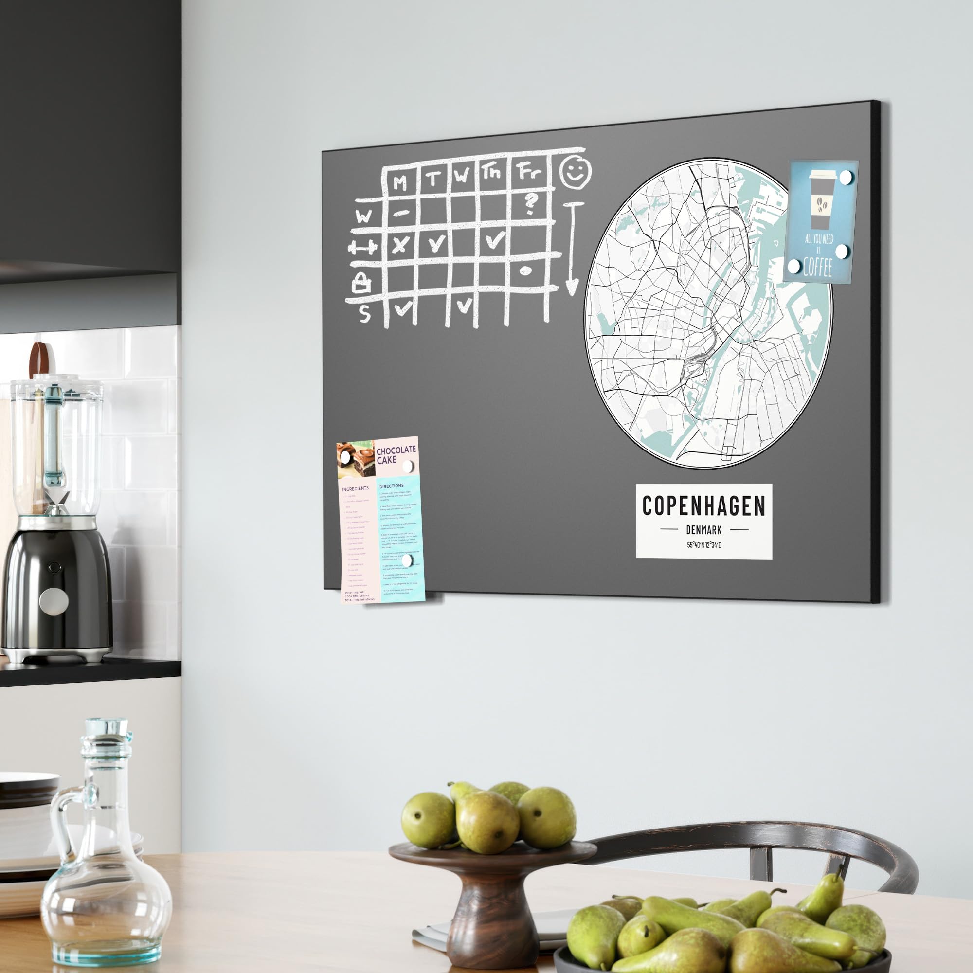 DEQORI Magnetyczna tablica do pisania kredą z nadrukiem UV | motyw "Mapa miasta Copenhagen" | prostokątna tablica kredowa do pisania – dekoracja ścienna do kuchni, korytarza, pokoju dziecięcego i