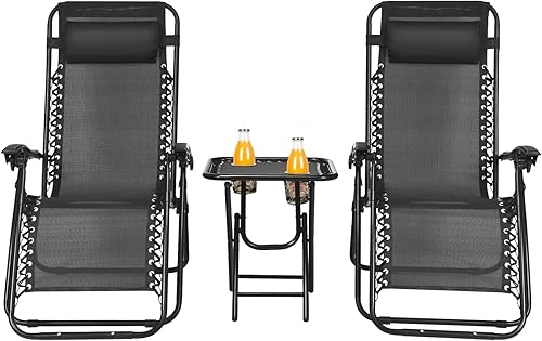 HAPPYGRILL Juego de sillas de salón Zero Gravity con mesa auxiliar, sillas reclinables plegables con mesa auxiliar y almohada, juego de 3 piezas
