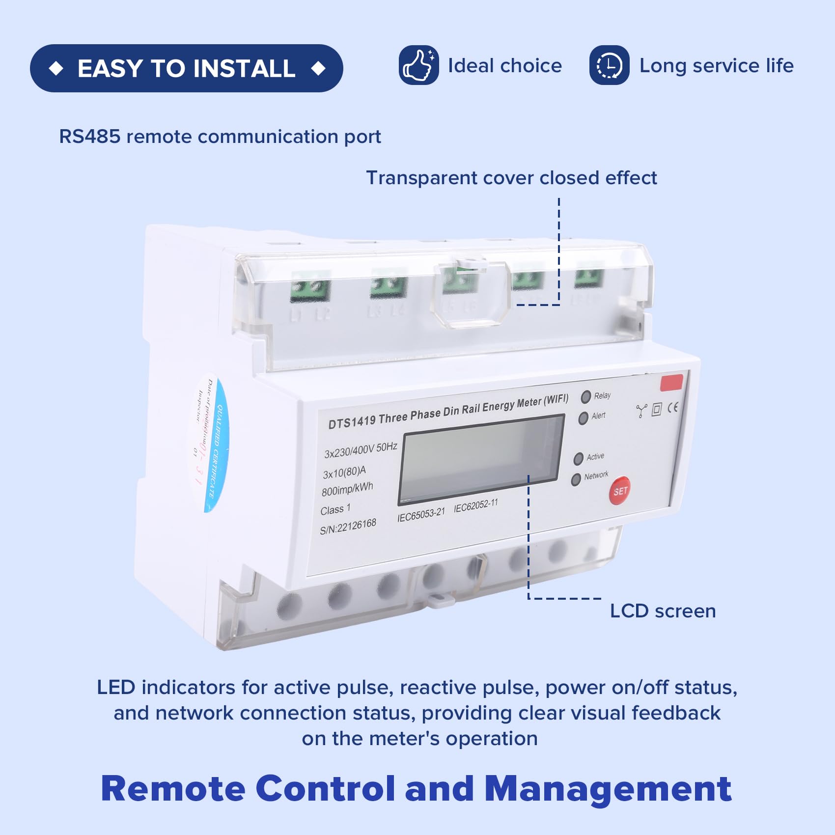 Medidor de Electricidad Inteligente con Wifi, Prepago, Remoto, Multifuncional, Trifásico, Tipo Riel, para el Hogar.