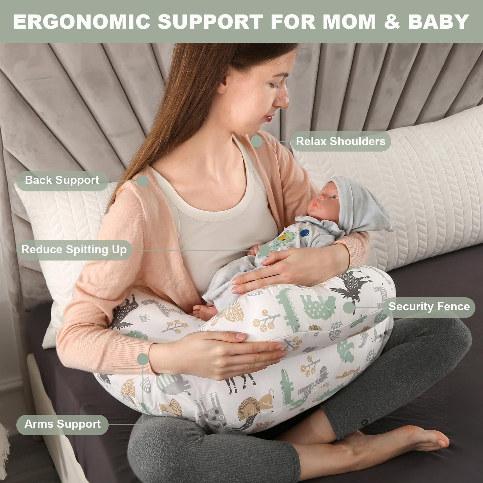 Nursing Pillow, Multifunctional Breastfeeding Pillow with Adjustable Waist Belt, Nursing Pillow with Safety Fence - Image 2