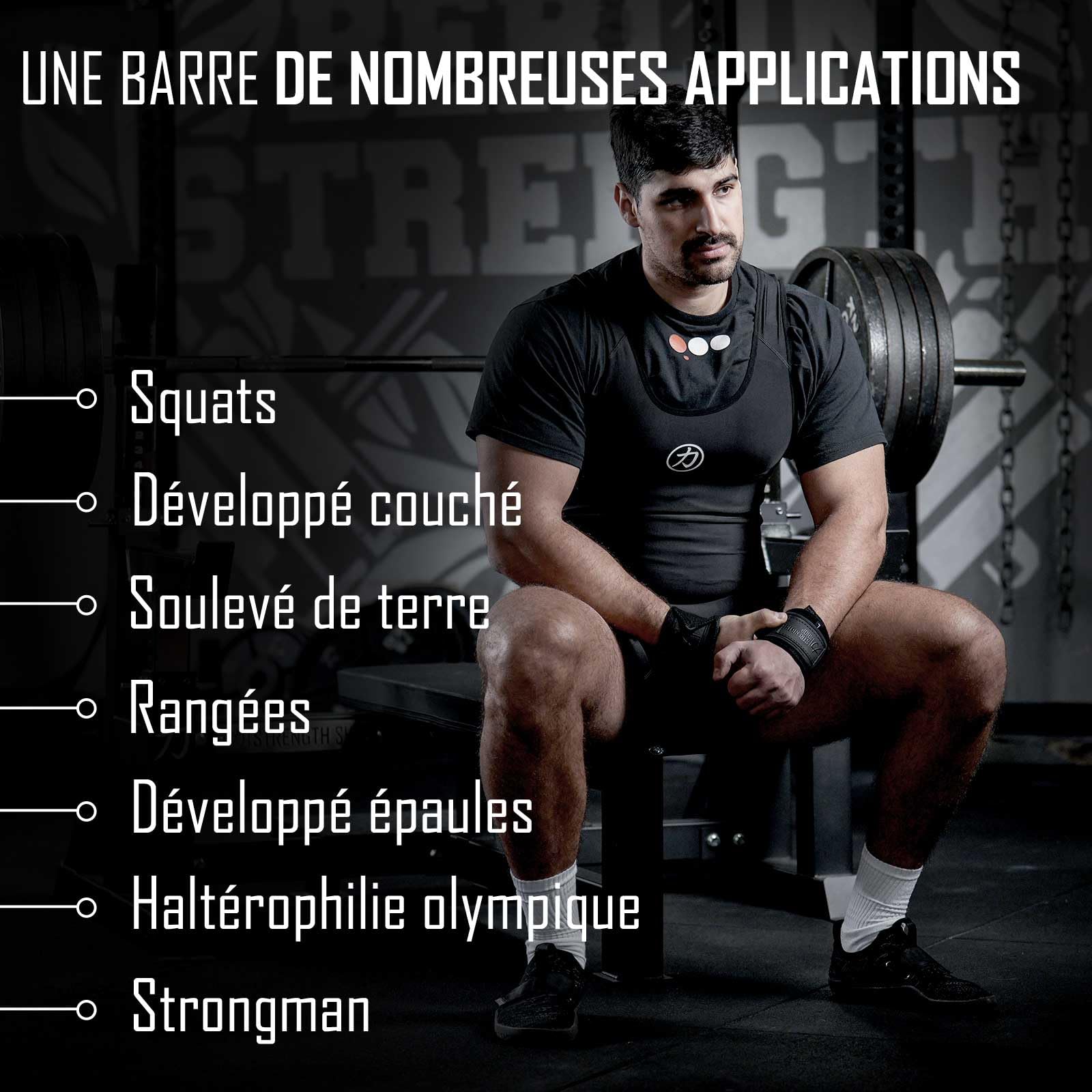 Strength Shop barre olympique 20kg 220cm de long & 29mm ⌀, barre musculation en acier avec prise de disques 50mm et moletage agressif, parfaite comme barbell pour squats, soulevé de terre & plus.
