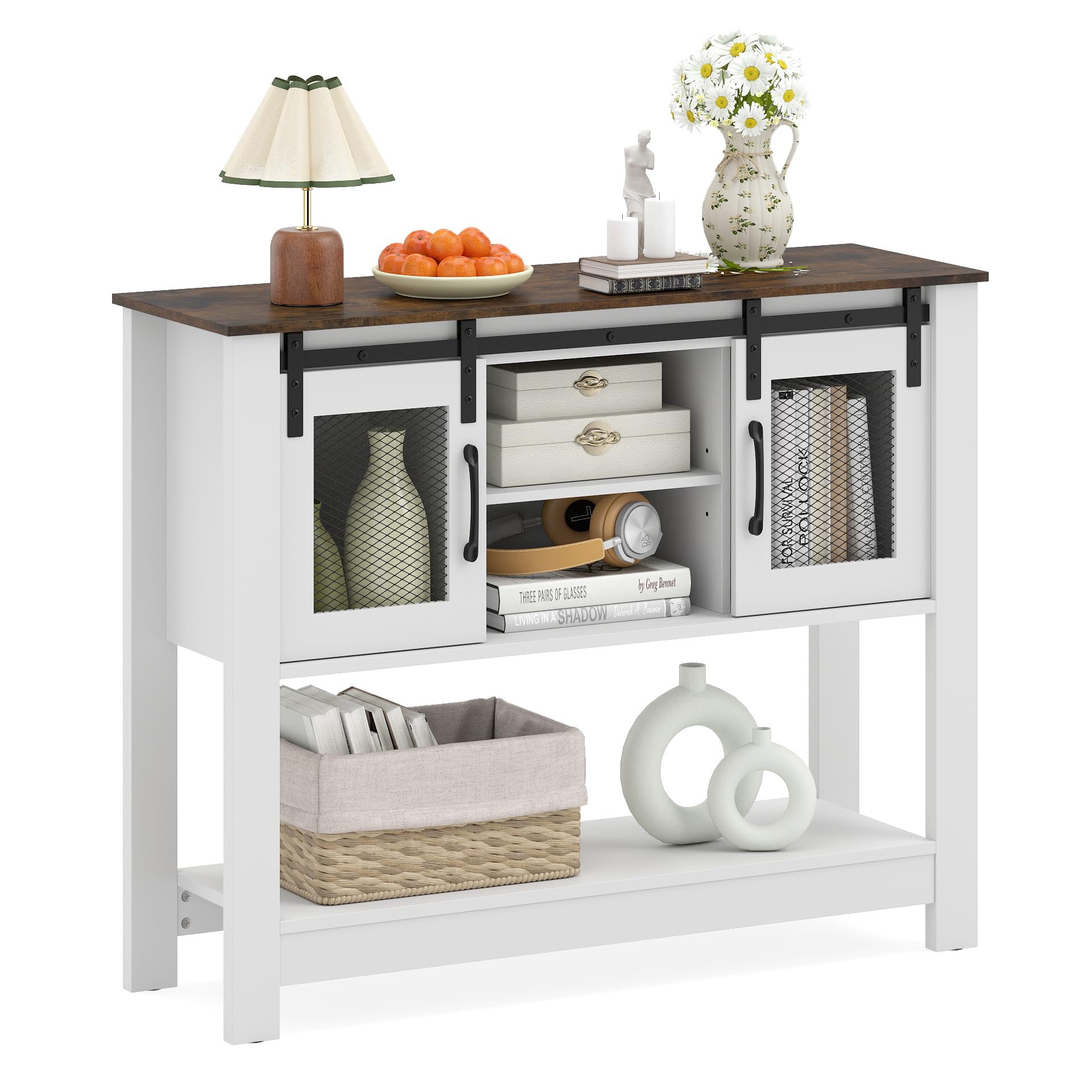 COSTWAY Vintage Console Table, Farmhouse Narrow Entryway Table Kitchen Sideboard with Sliding Barn Doors, Open/Adjustable Storage Shelf, Wooden Slim Behind Sofa Tables for Hallway (White+Rustic Brown)
