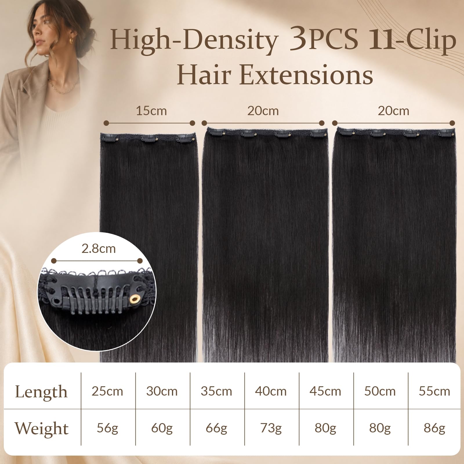 Rich Choices Clip in Extensions Echthaar 3pcs Clip in Haarextension Haarteil Haarverlängerung Echthaar Extensions Clip Remy Human Hair 55cm 86g #1B Natürliches Schwarz Extensions