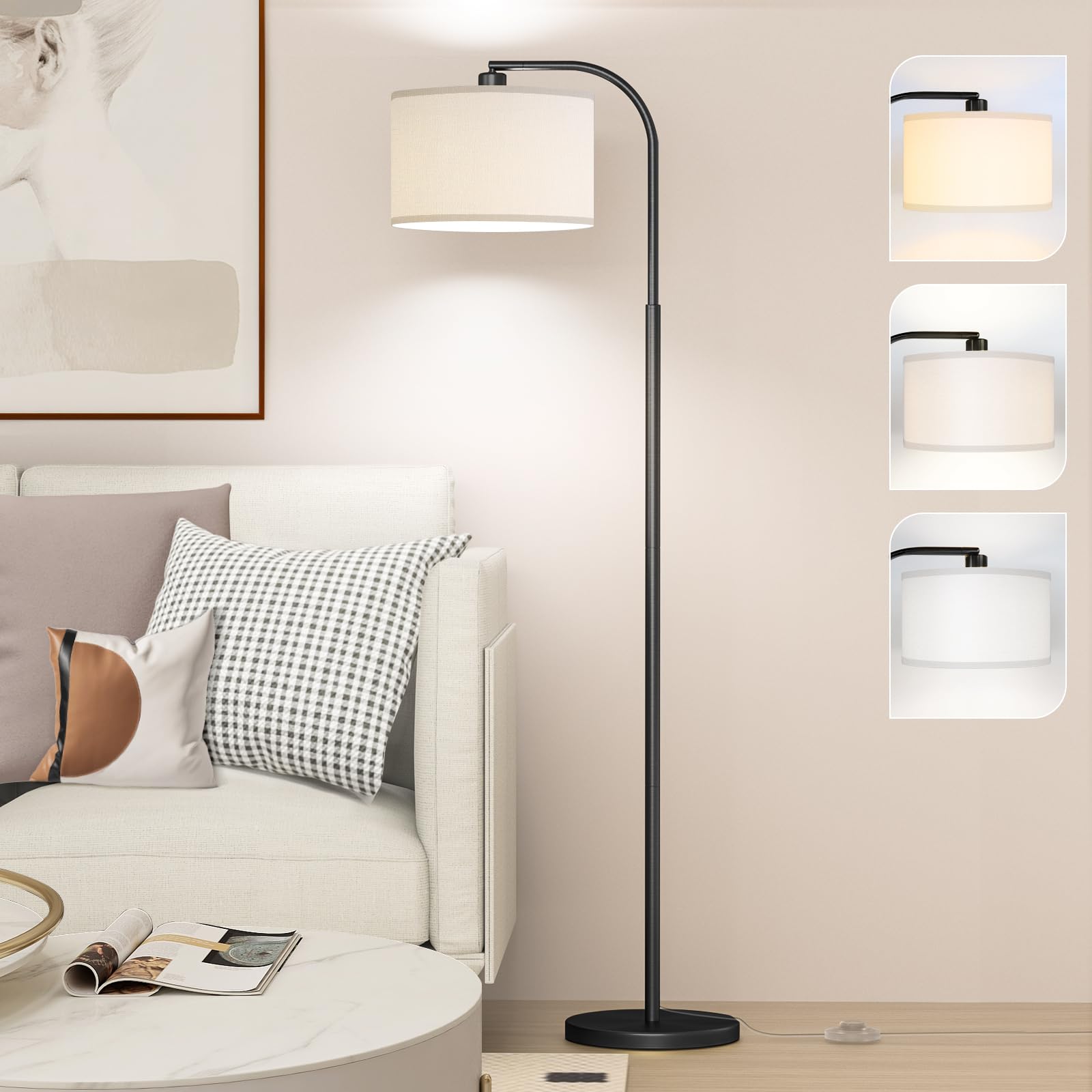Arc Floor Lamps for Living Room with 3 Color Temperatures, Modern Floor Lamp Reading Light with 9W Bulb Included, Standing Lamp with Adjustable White Hanging ?Lampshade for Bedroom Office(Black)