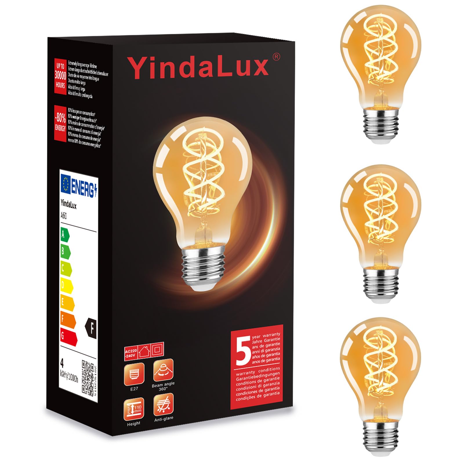 YindaLux Glühbirne E27 LED Warmweiss 2200K Filament Lampe Edison Vintage Leuchtmittel 4W Energiesparlampe Retro Birne Deko für Haus Café Bar 3er A60