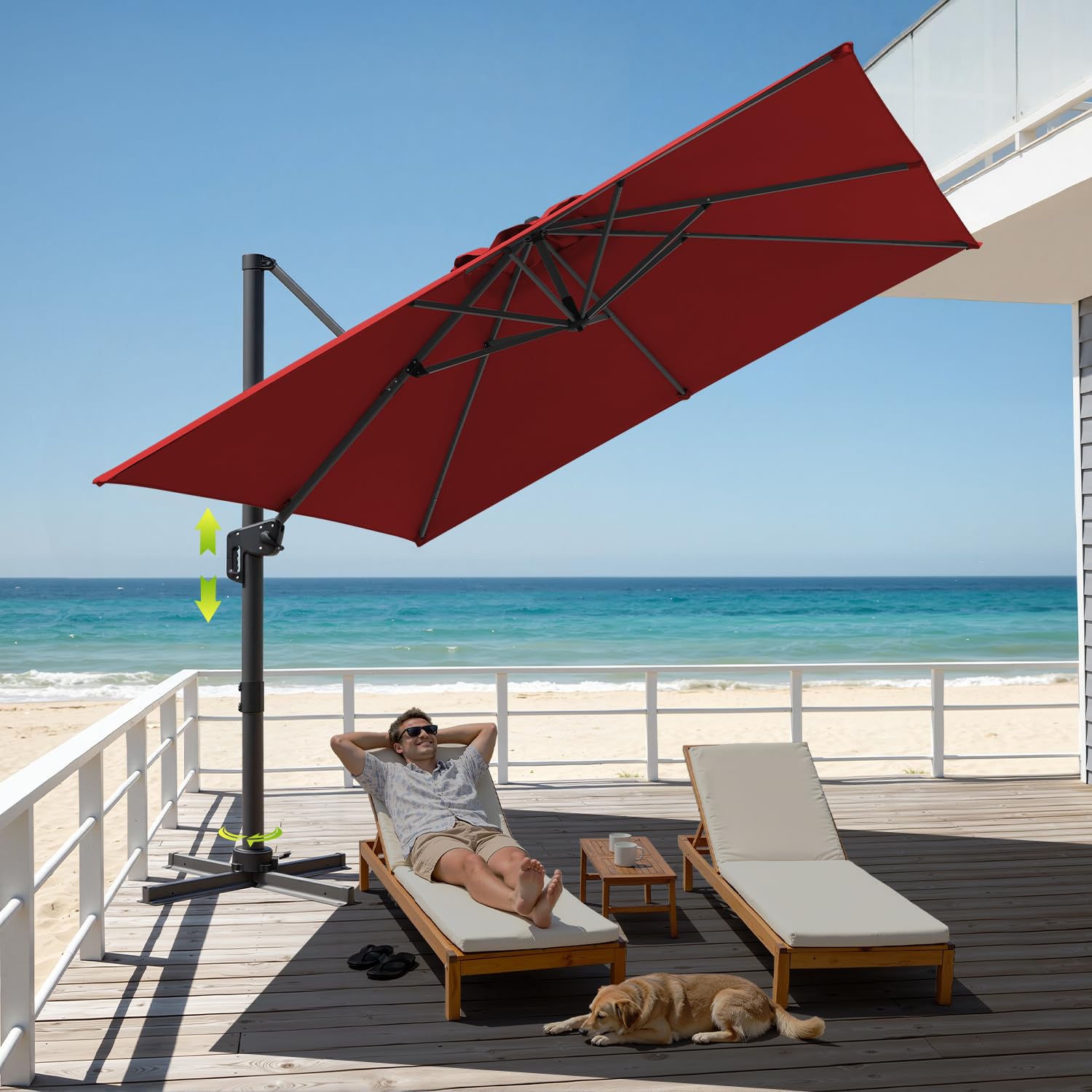 300 x 300 cm, duży parasol przeciwsłoneczny LED, parasol ogrodowy z korbą, obracany o 360° i przechylany, UV50+, parasol tarasowy z aluminiową ramą, do ogrodu, na taras