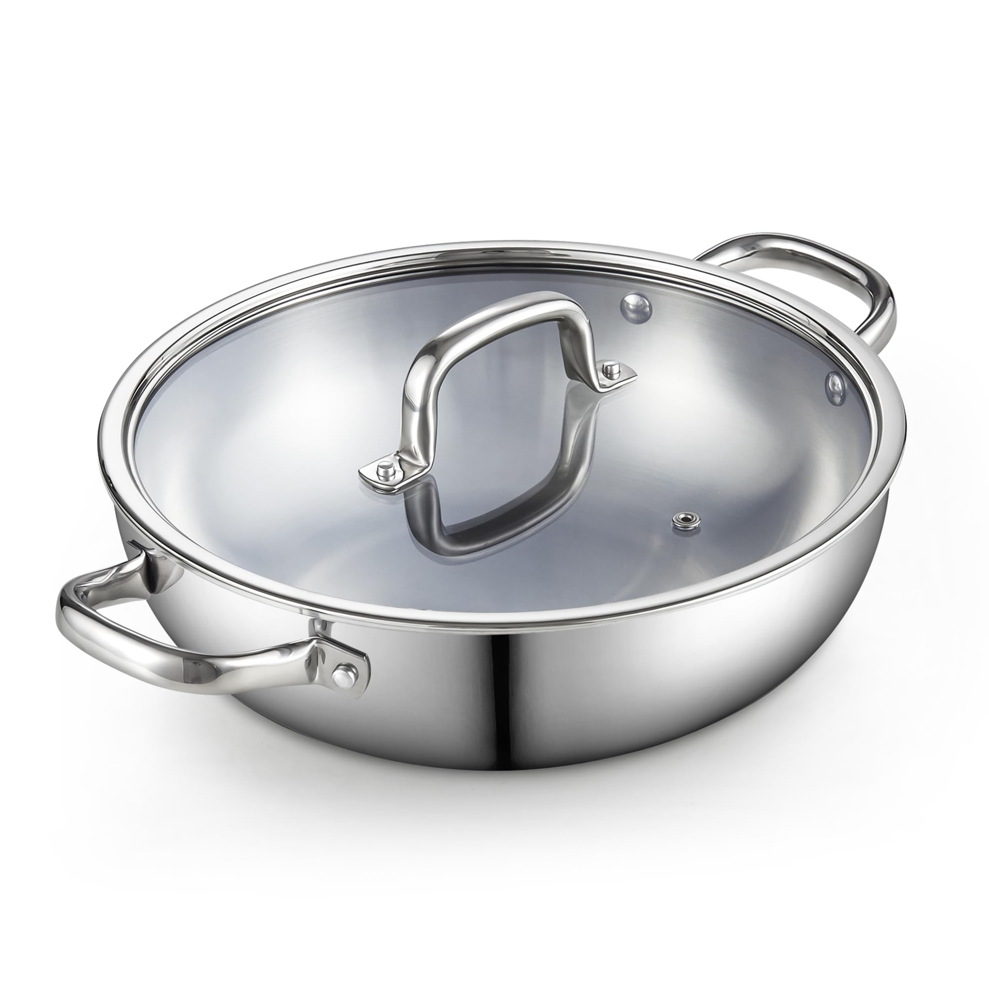 Stainless Steel Wok Pan with Lid, 12 inch Tri-Ply Clad Stainless Flat Bottom Wok Stir Fry Pan, Dishwasher and Oven-Safe, Compatible with All Cooktops