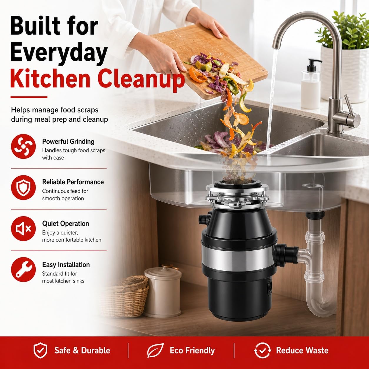 Triturador de Residuos de Alimentos de 1,2 L con Interruptor de Aire, Unidad de Eliminación de Basura for Fregadero de Cocina con Protección Contra Sobrecarga(Black)