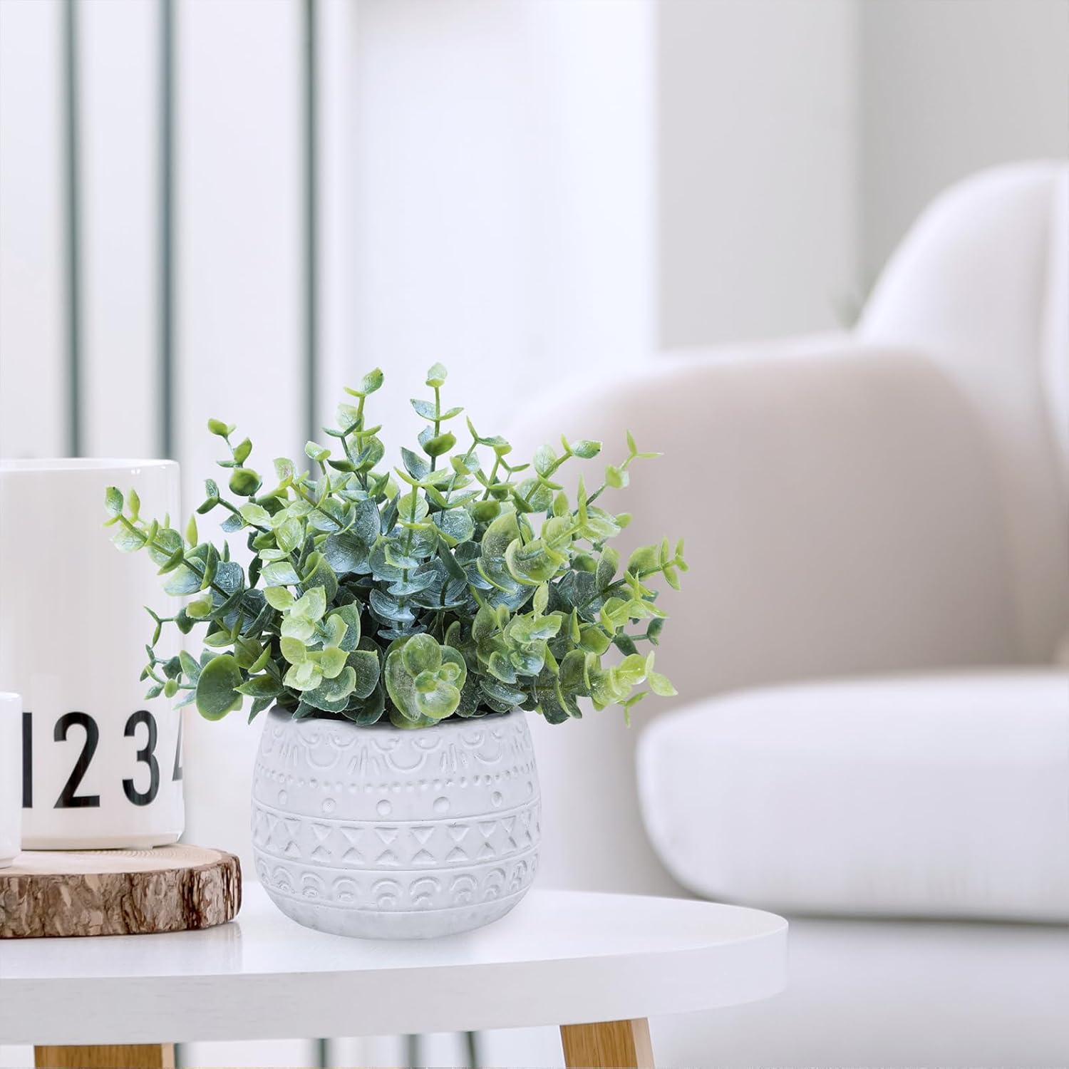 Winlyn Set of 2 Small Artificial Potted Plants Faux Eucalyptus Plant in White Geometric Ceramic Pots Small Desk Potted Plants 7.1" Tall for Home Office Room Decorations Wedding Greenery Centerpiece - Image 6