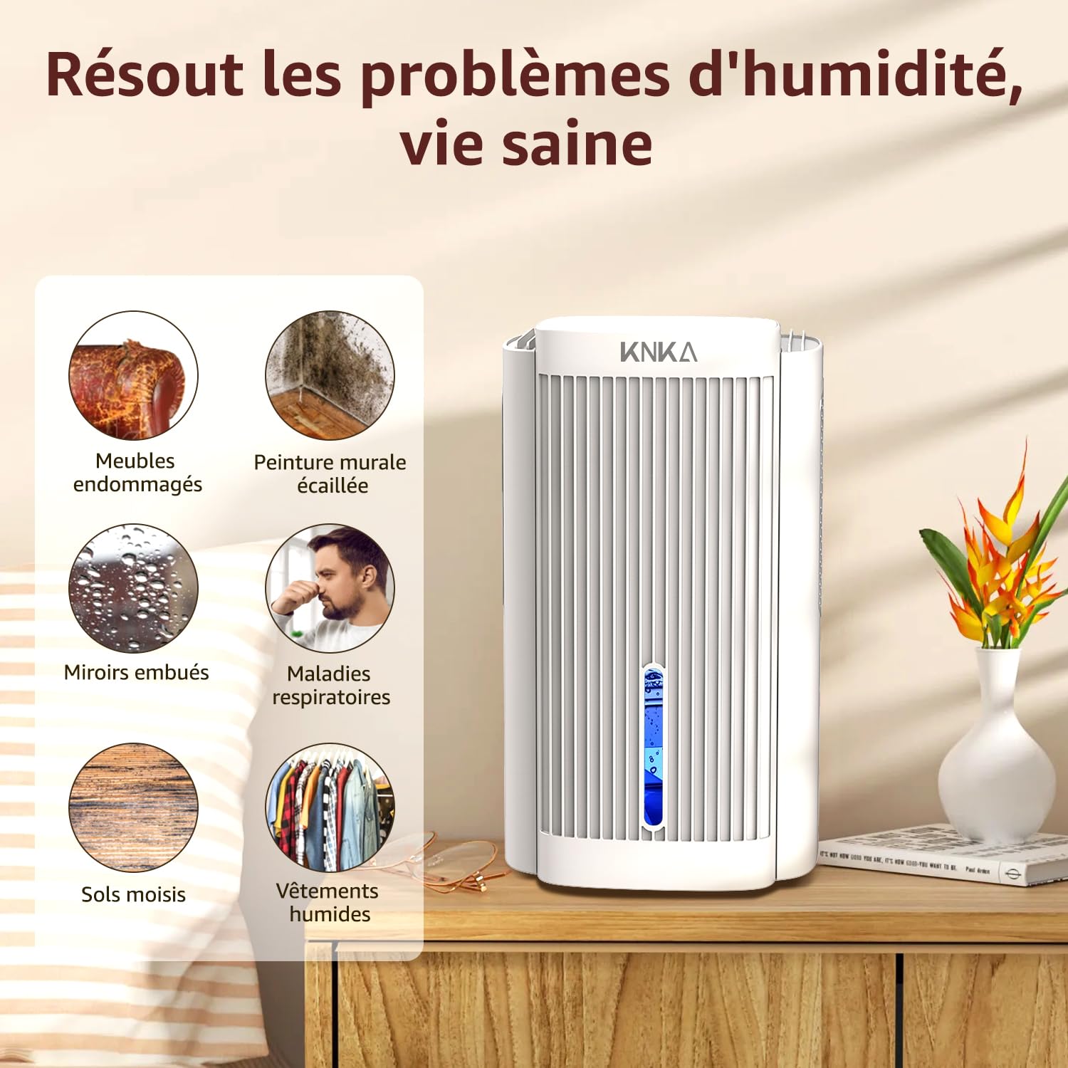 KNKA Deshumidificateur d Air, 1,1 L/Jour, Déshumidificateur Bruit Inférieur à 28dB, Pour Salles de Bain, Chambres et Placards de Moins de 17m², Avec Arrêt Automatique et Fonction de Dégivrage, Blanc
