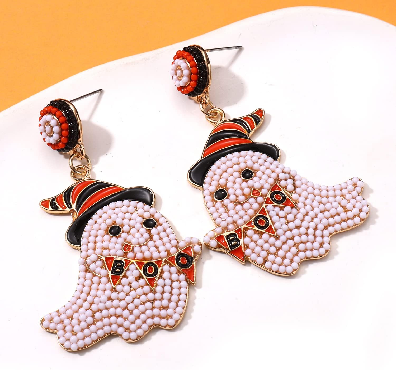Halloween Earrings Handmade Candy Corn Witch Hat Beaded Drop Earrings Statement Spooky Ghost BOO Dangle Earrings Halloween Cosplay Costume Party Jewelry Gifts - Image 5