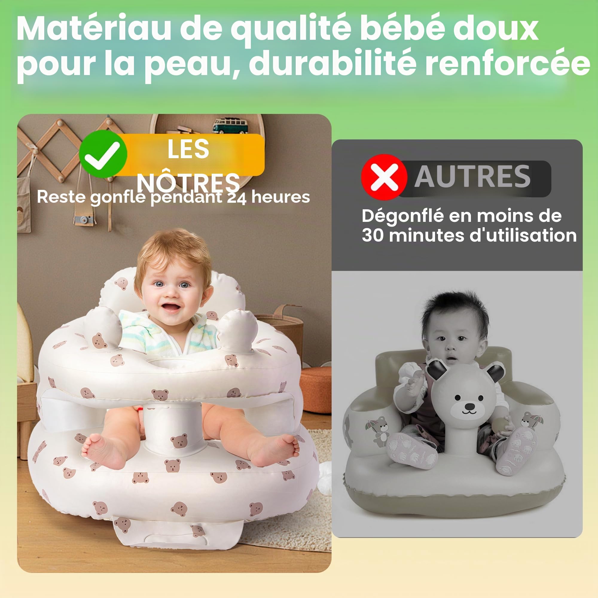Siège bébé gonflable Zolirao avec pompe à air intégrée, portable 3-36 mois, soutien dos et nuque, sans BPA, motif ours