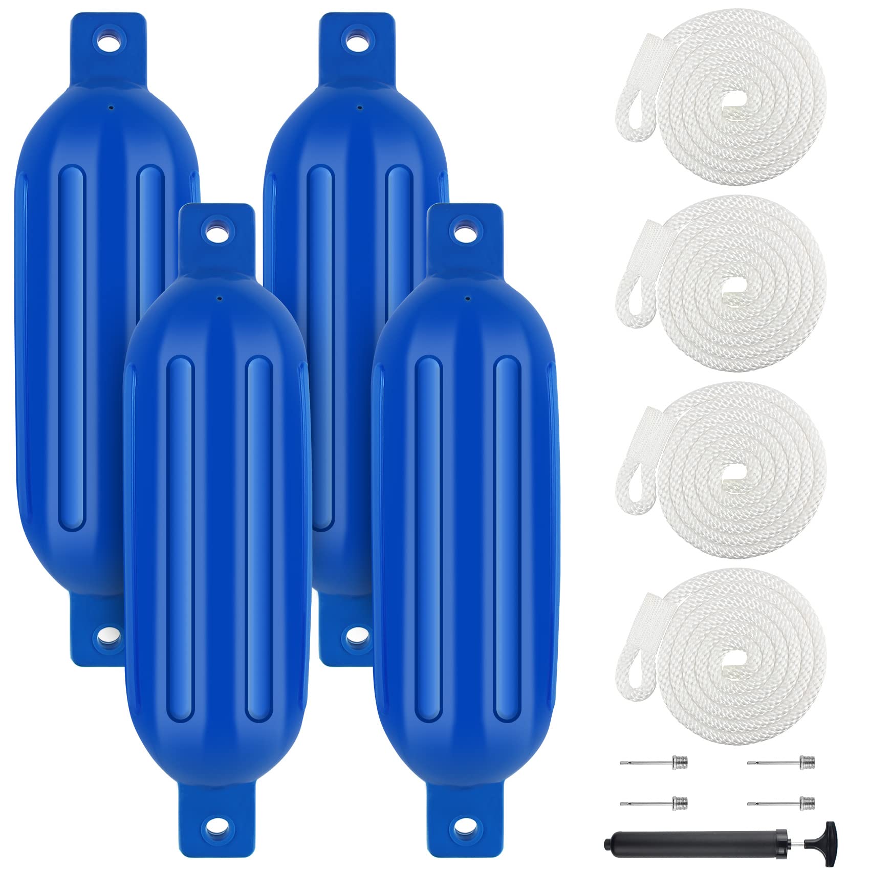 VEITHI 4.5/5.5/6.5/8.5/10/16 inch Boat Fenders 4 Pack,Ribbed Twin Eyes Vinyl Boat Bumpers Fenders,Boat Bumpers for Docking Come with Ropes Needles and