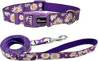 Olahibi Dog Collar Leash Set, Floral Pattern, Nylon Webbing Plus Cotton Ribbon, 5ft Matching Leash, for Small Dogs.(S, Purple Daisy)