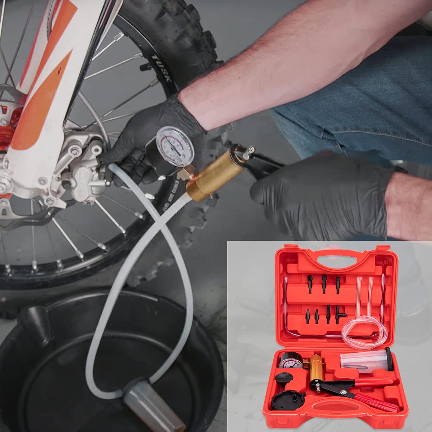 2 in 1 Brake Bleeder Kit Hand held Vacuum Pump Test Set with Automotive Brake Fluid Bleeding Set Automotive with Protected Case Adapters One-Man Brake and Clutch Bleeding System(Red)