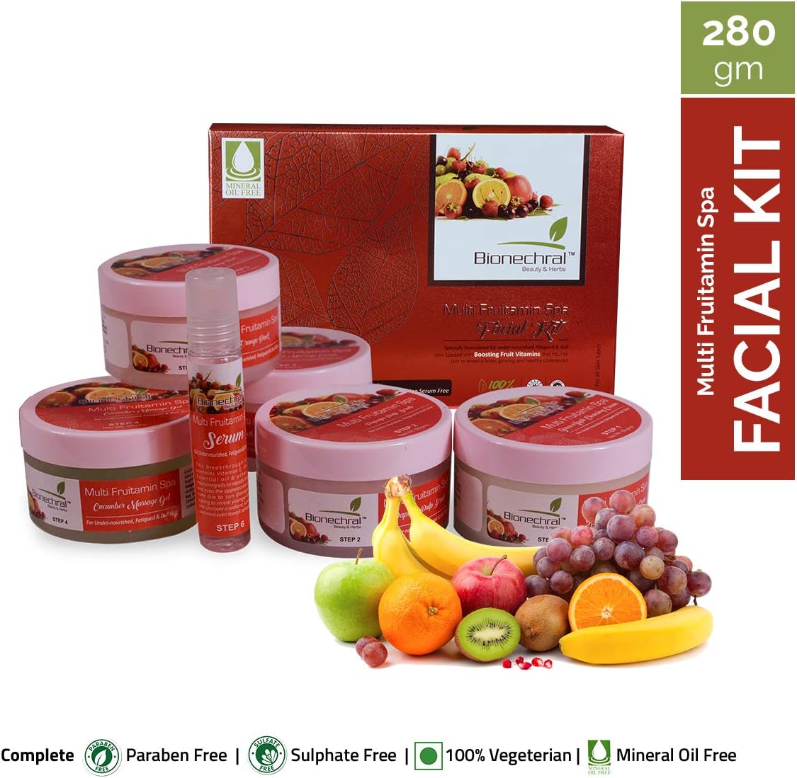 Bionechral Multi Fruitamin Spa Facial Kit for Instant Party Glow Suited for Men and Women - No Mineral Oils, Paraben and Sulphates (Pack of 6, 280g)