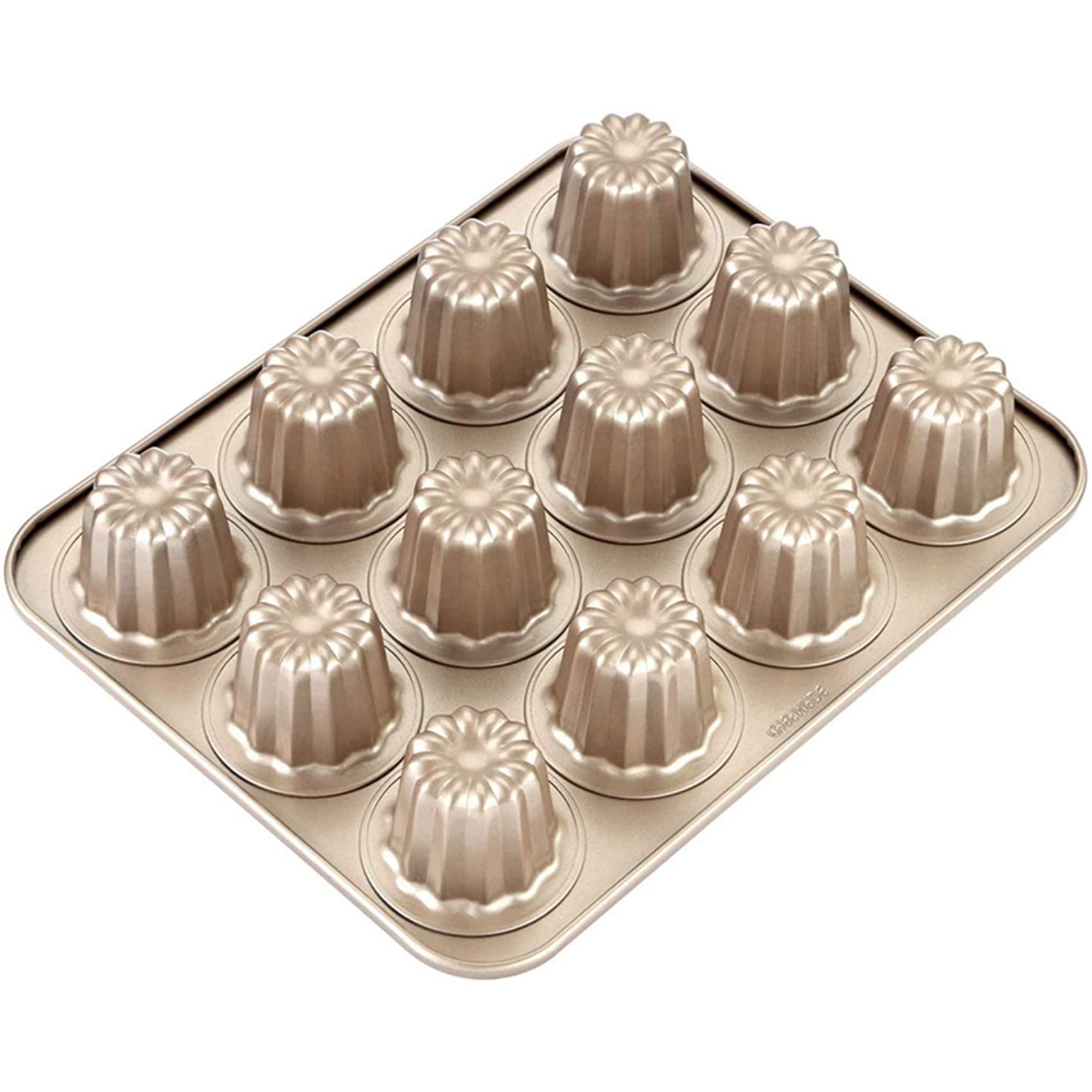Lot de 2 moules à gâteau en forme de canele, 12 cavités, antiadhésifs, pour muffins, cupcakes, cuisson au four (champagne doré)