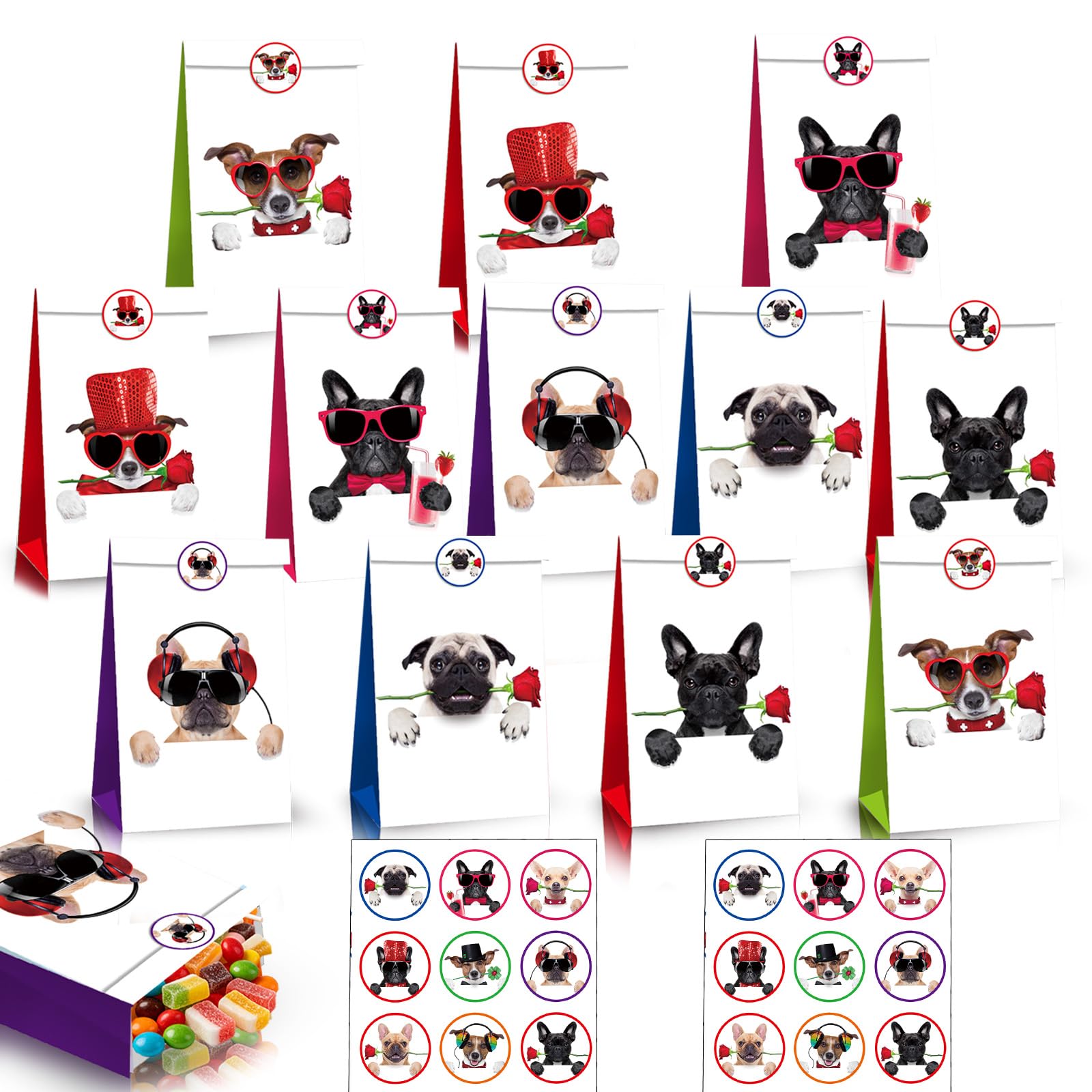 12Pcs Pet Dogs Party Bags Paper Gift Bag for Kids Party,Kraft Sweet Goodie Treats Candy Snacks Bag with 18 Sticker,Puppy Doggie Small Gift Bags for Girls Boys Kids Birthday Puppy Party Favour-Bag