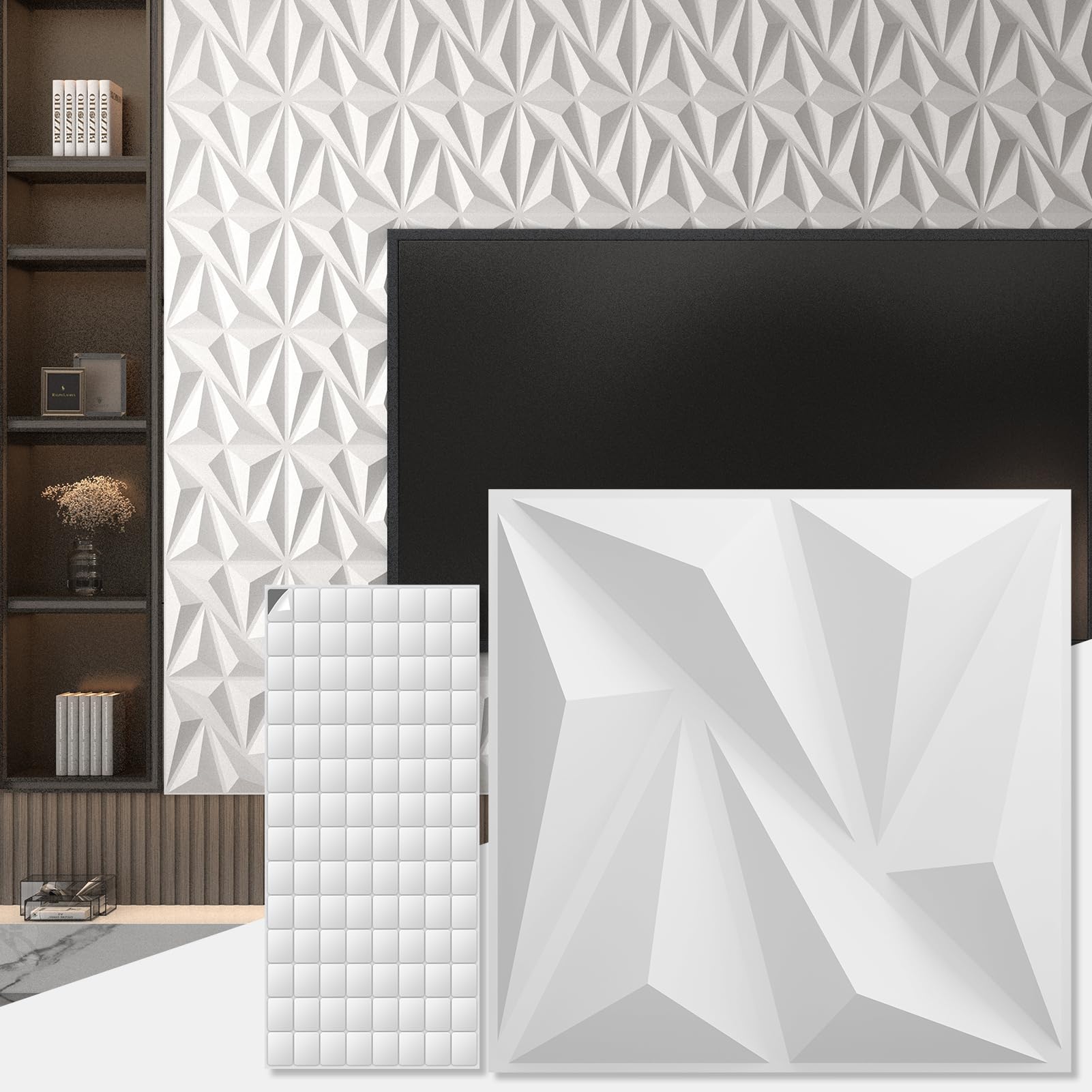 Paneles de pared 3D de PVC con diseno de diamante AMZDEPOT para salon paquete de 50 piezas