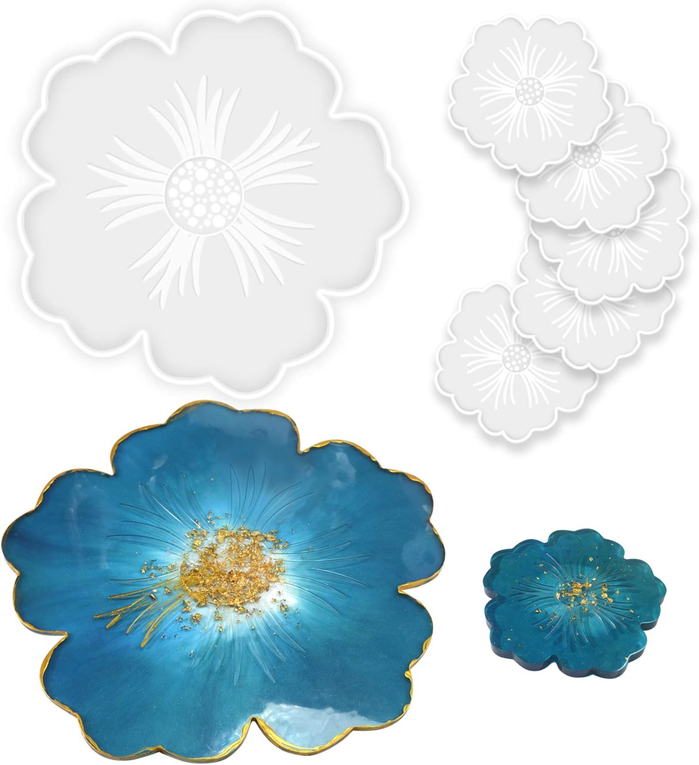 Panamalar Silicone Resin Molds, 1PCS Large Resin Tray Mold and 5PCS Coaster Molds for Resin Casting, Flower Shape Epoxy Resins Casting Molds for DIY, Home Decoration, Table Wine Tray-6 PCS