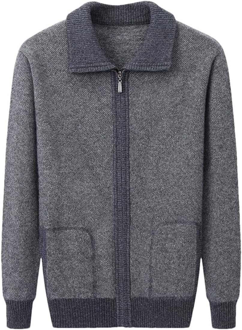 Men's Autumn Winter Thickened Cashmere Cardigan Zipper Turn-Down Collar Long Sleeve Knitted Sweater Coat