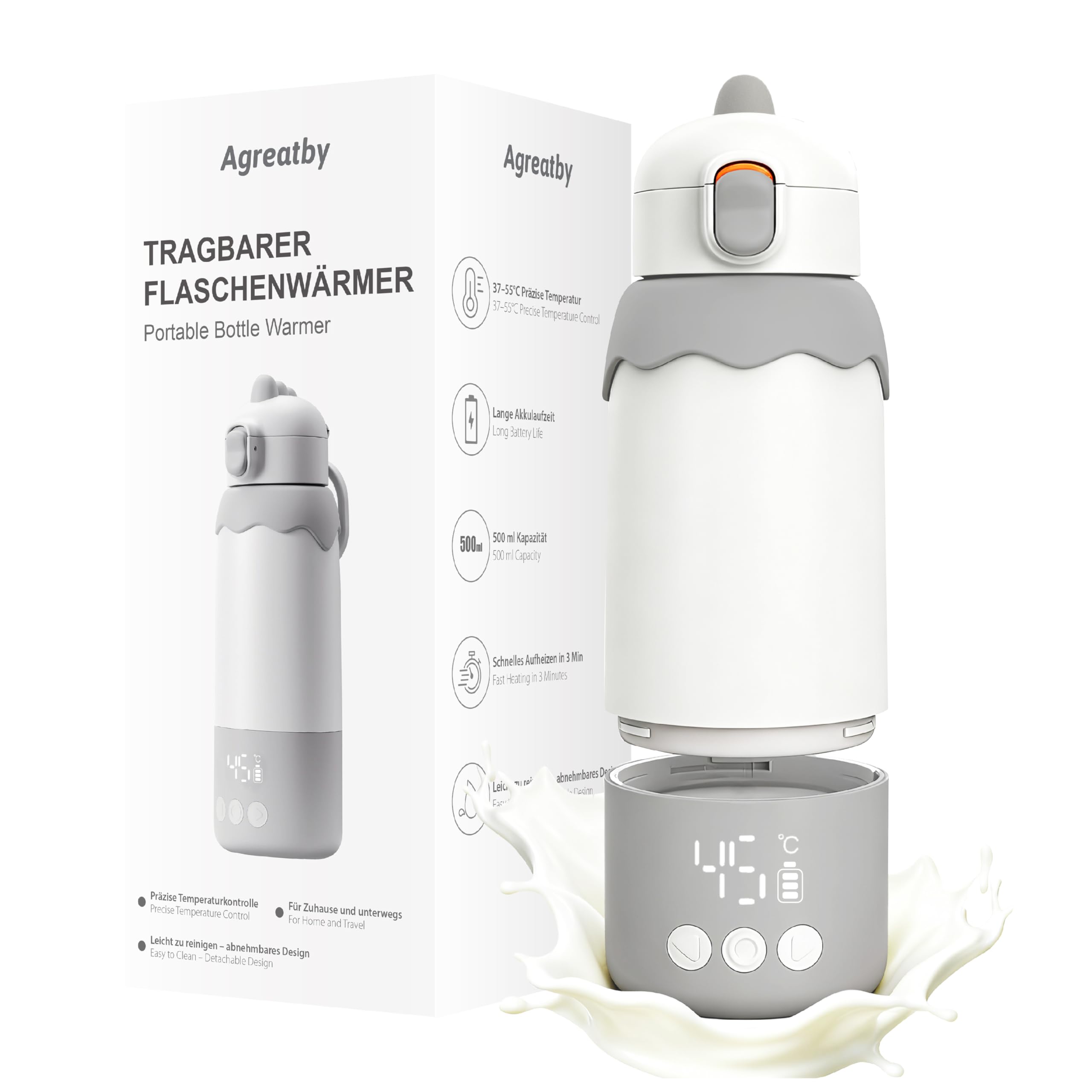 Tragbarer Flaschenwärmer Baby Unterwegs, 500ml Kabellos für Reise | manuelle temperatur 37-55°C, edelstahl 316, 4x2700 mAh akku, schnelles aufheizen, abnehmbarer becher, sterilisator funktion