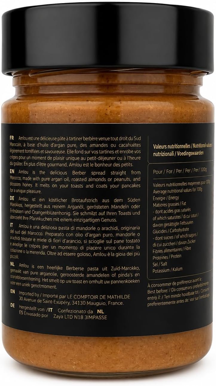 Amlou Marroquí con Almendras – Crema para Untar Marroquí con Aceite de Argán y Miel de Azahar – Receta Tradicional – Elaborado en Francia