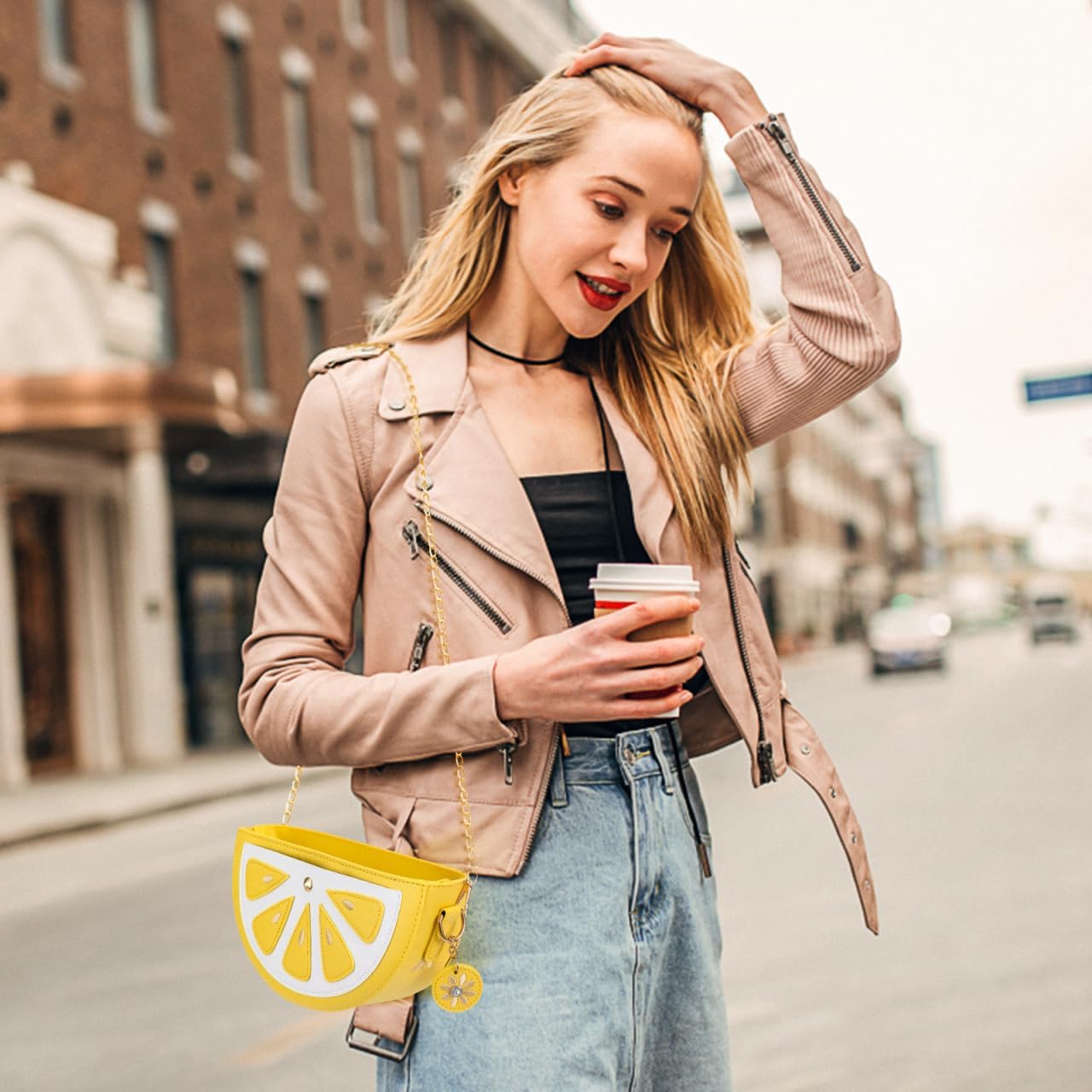 PartyKindom Lemon Crossbody Bag for Women, Cute Fruit-Shaped Shoulder Purse, Small PU Leather Phone Bag with Chain Strap for Travel Daily Use - Image 5