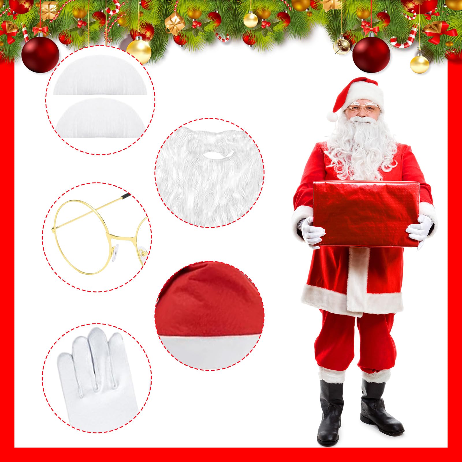 AYNKH Adult Santa Claus Costume Set, Hat, Eyebrows, Gloves, Glasses & Santa Beard - Image 3