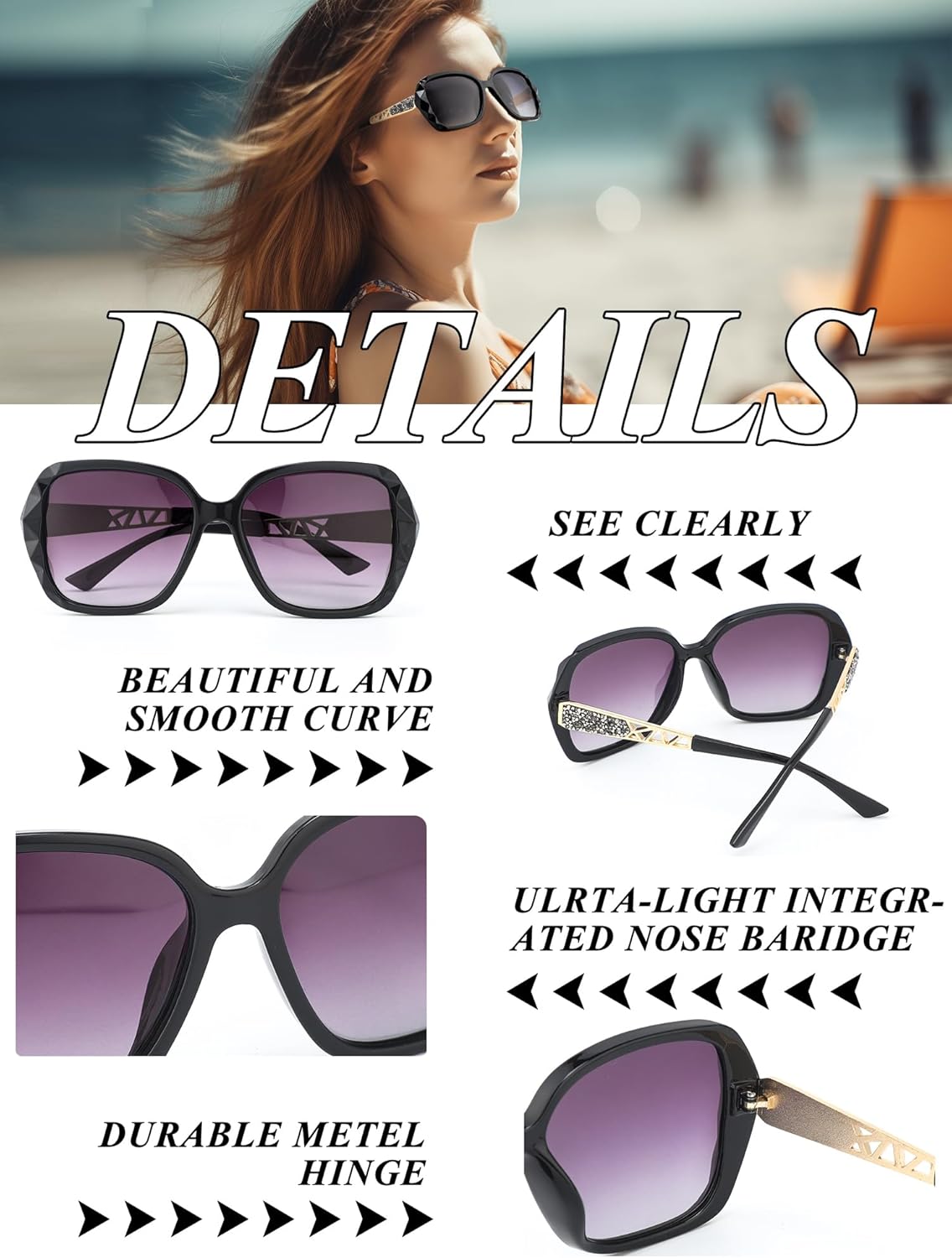 Frienda 3 Pieces Women Polarized Oversized Sunglasses Shiny Composite Frame Sunglasses Vintage Rhinestone Glasses - Image 3