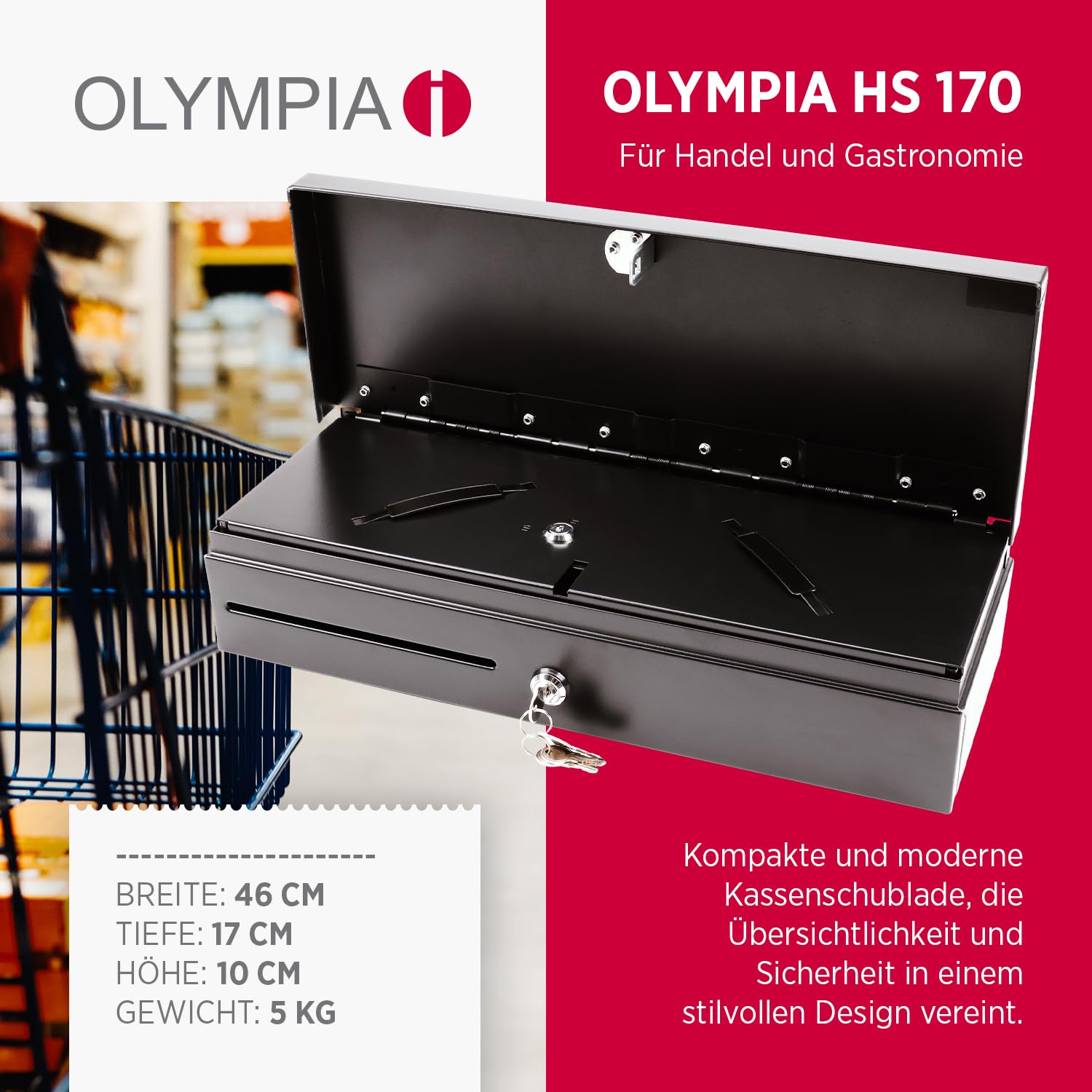 Olympia HS 170 - Cassetto per contanti, con chiusura a chiave, compatibile con RJ12, 6 banconote e 8 monete, 46 x 17 x 10 cm