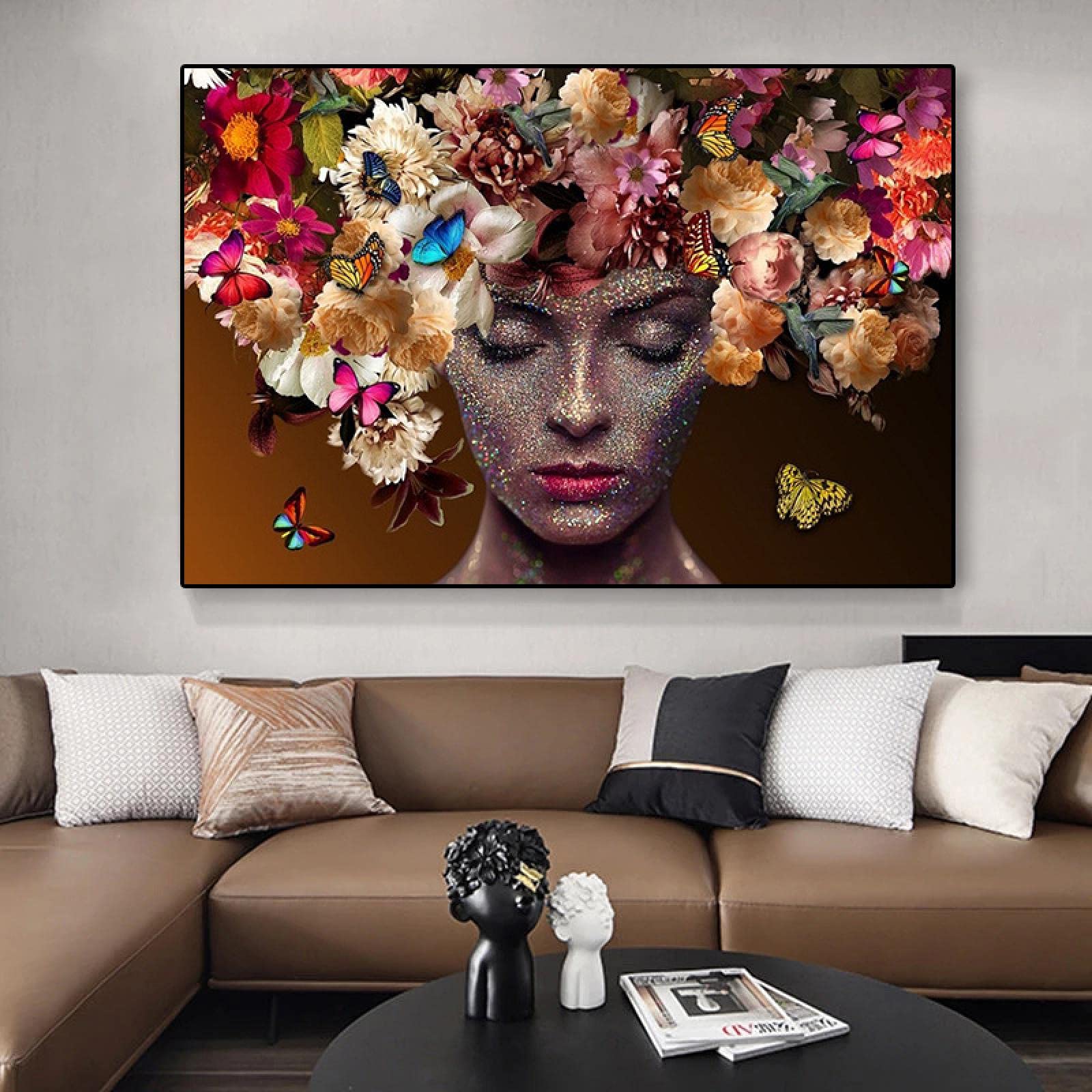 Diseño Arte de la pared Arte de la moda Chica negra africana en las flores Carteles de mariposas Impresión en lienzo Pintura Imagen Habitación Decoración para el hogar 75x135cm (30x53in) con marco
