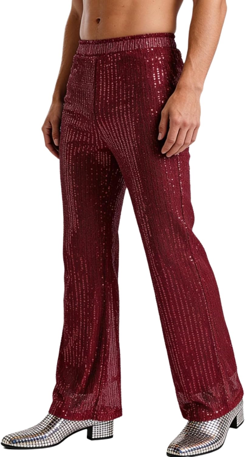 Men's Shiny Sequins Wide Leg Pants Elastic Waistband High Rise Fully Lined Bling Pants