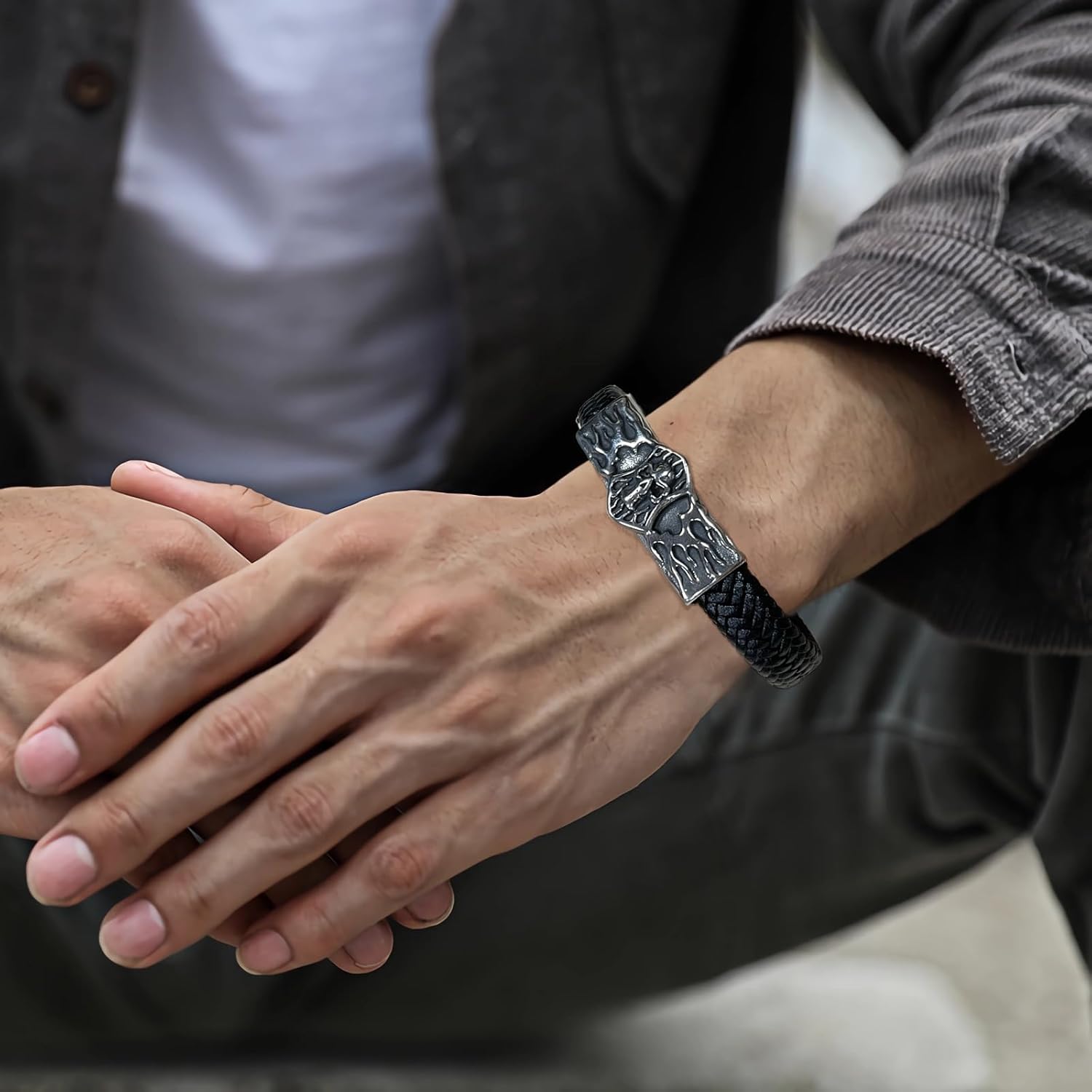 Mens Leather Bracelet Skull Braided Wristband Bangle Stainless Steel Jewelry Gifts for Him