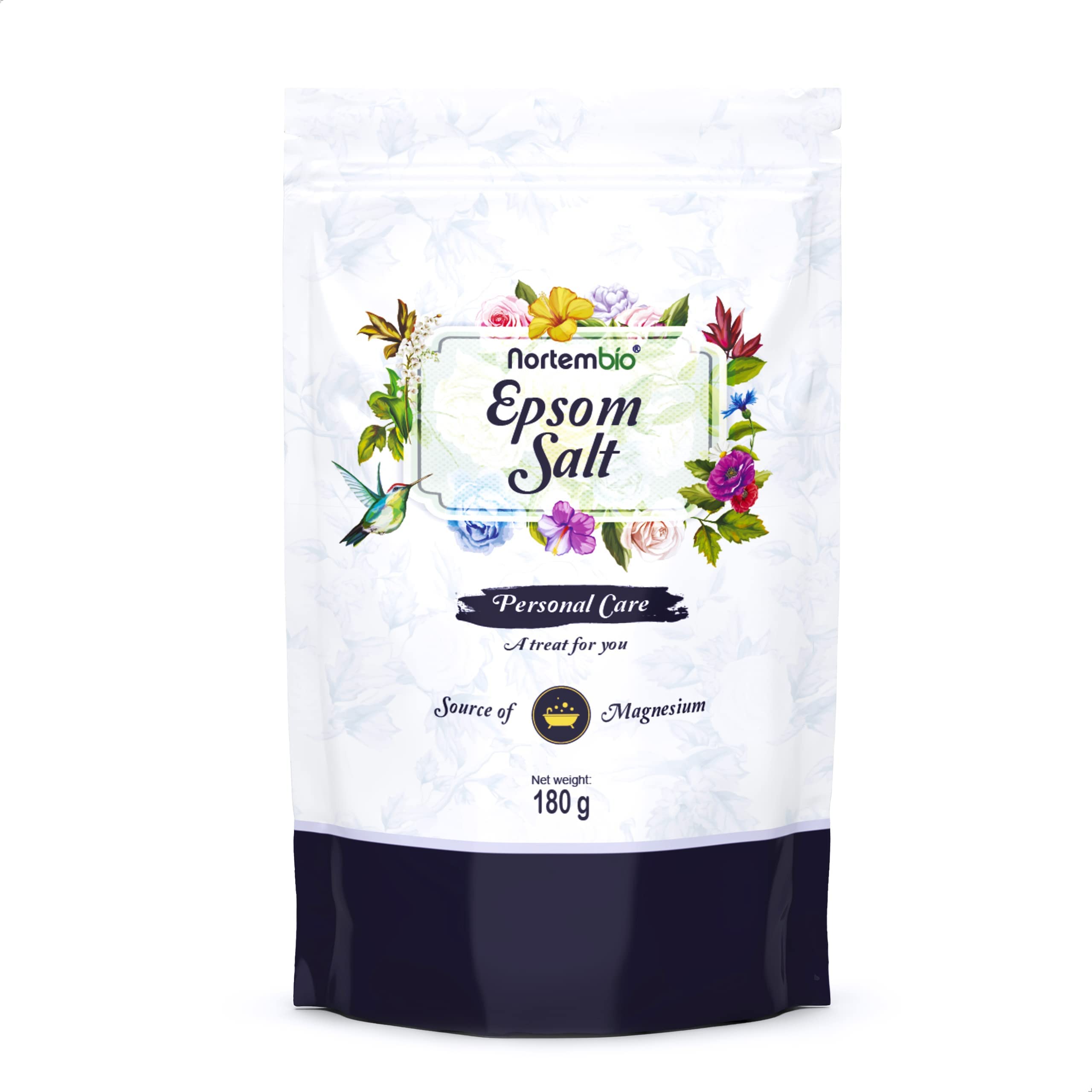 Nortembio Sales de Epsom 100% Pura 180g – Fuente Concentrada de Magnesio | Para Pieles Sensibles | Con Vitamina C y E Hidratante | Sin Aditivos, Uso Externo Natural + E-​Book Gratis