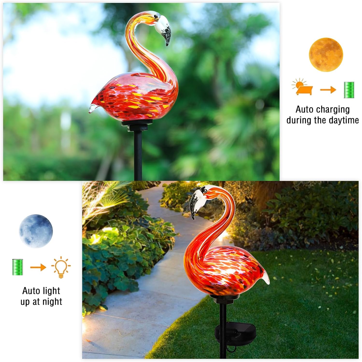 Bshine Solar Flamingo Garden Decoration Outdoor Lights, Hand Blown Glass Waterproof Solar Light Stake Decorate Paths, Pathways, Lawns and Yards Art for Mom, Valentine's Day Decor Outside