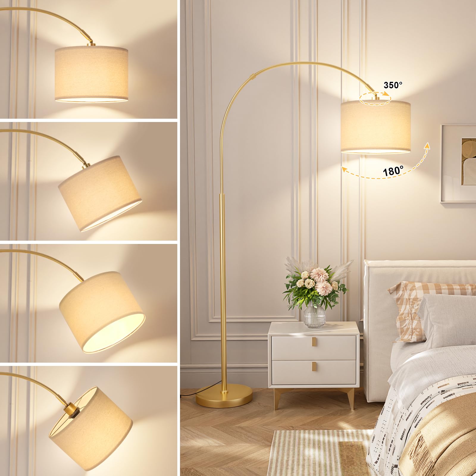 Lampadaire sur Pied Salon, LED E27 Lampe a Pied avec Télécommande, Lampadaire Arc Vintage, 3000K-6000K Intensité Variable pour Salon Chambre Bureau, Abat-jour Beige et Socle Doré, 180cm