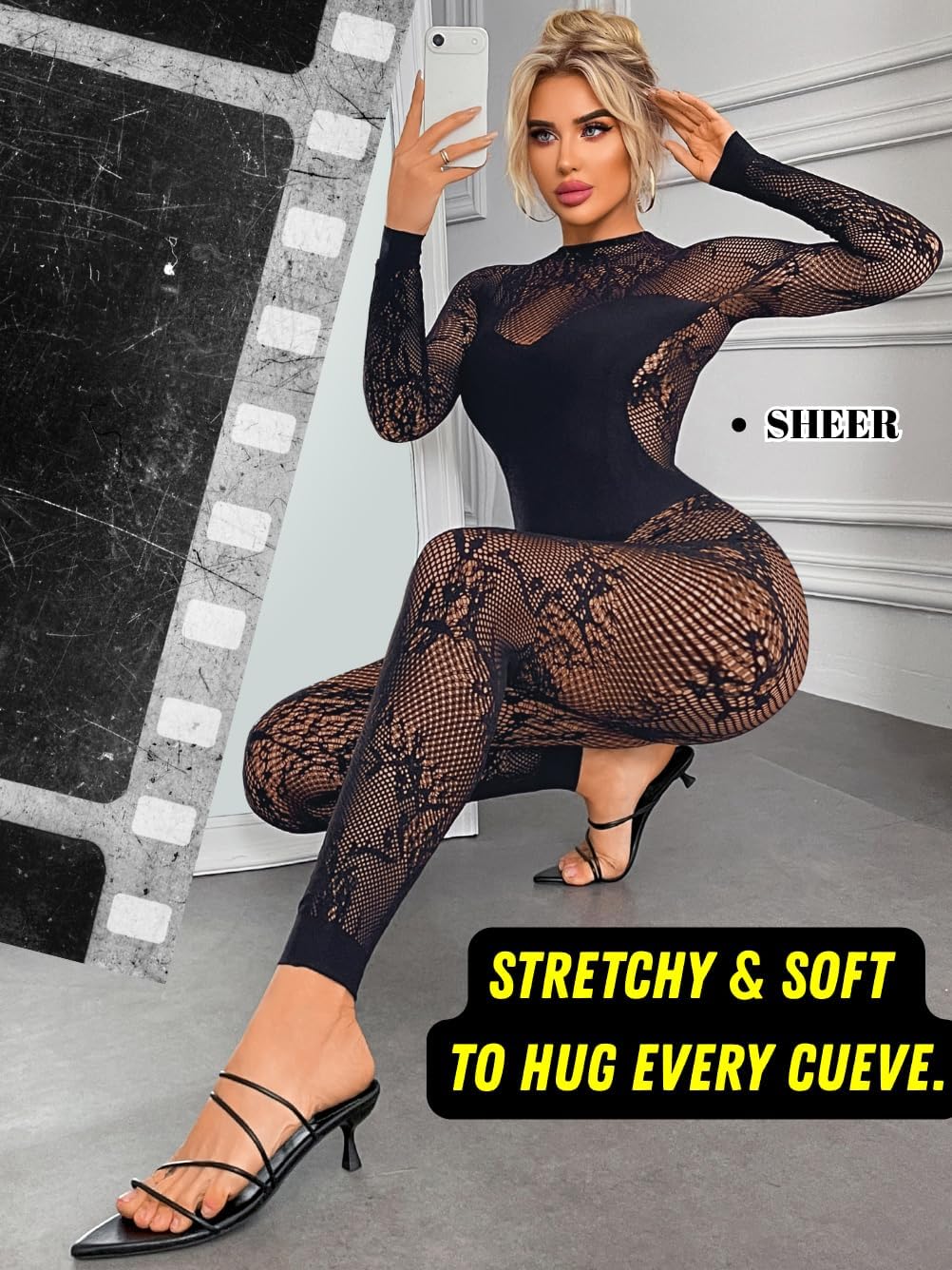 Women Sexy Mesh Bodycon Jumspuit, Long Sleeve One Piece Fishnet Lace Bodysuit, Poster Birthday Going Out Club Outfits - Image 4