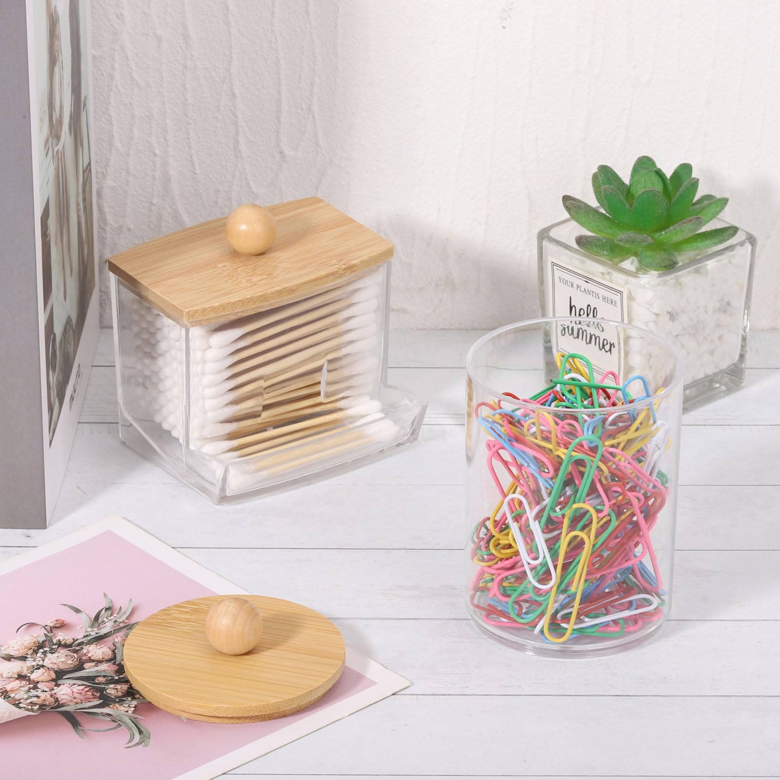 Bamboo Bathroom Accessories Set 4 Pcs - Clear Toothbrush Holder Plastic Soap Dispenser and 2 Qtip Holder Cotton Swab/Pad/Ball Container Jar