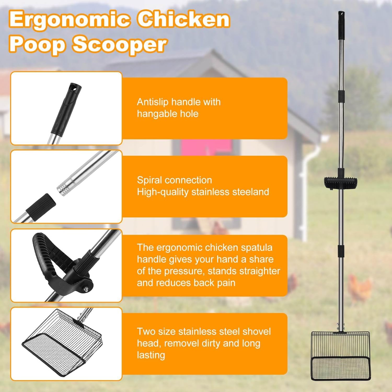 Chicken Poop Scooper Set - Adjustable Coop Scoop with Ergonomic Grip, Rake, Reusable Waste Bag & Gloves - Durable Sand Sifting Litter Shovel for Chicken Coops, Farms, Pet Waste